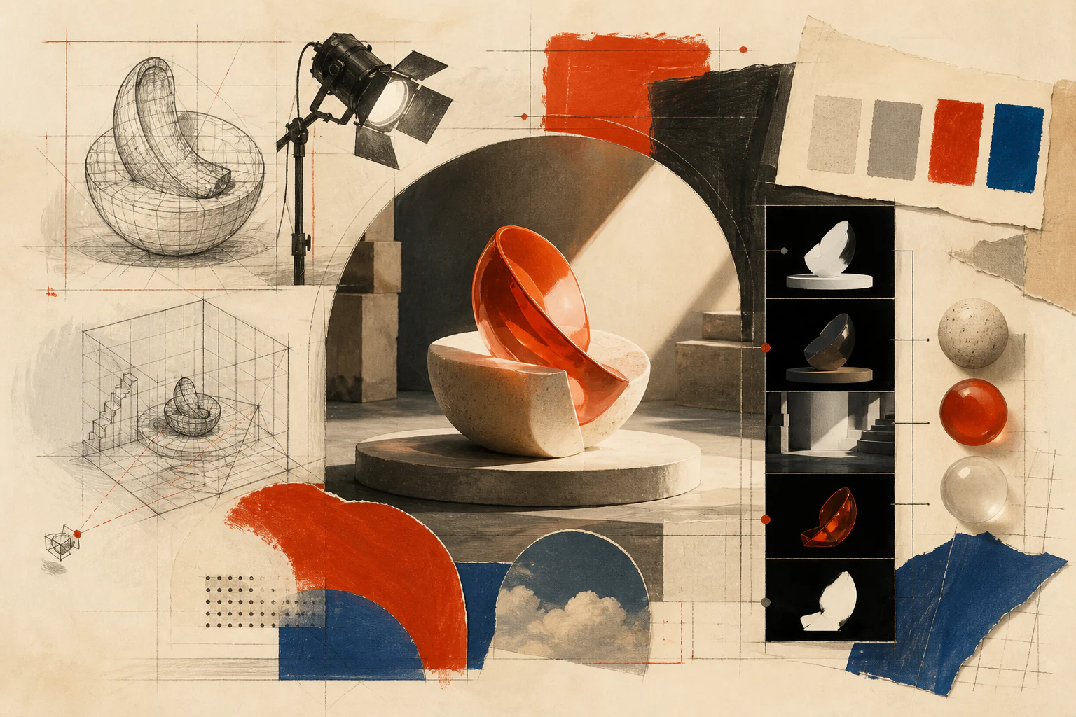 An assembled digital image: geometry, light, materials and compositing.
