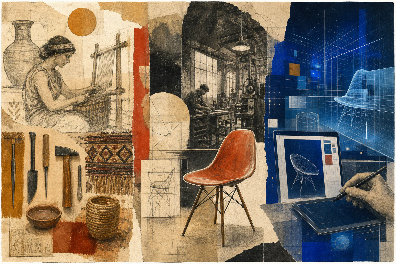 The history of design from craft and workshop to industrial and digital production.