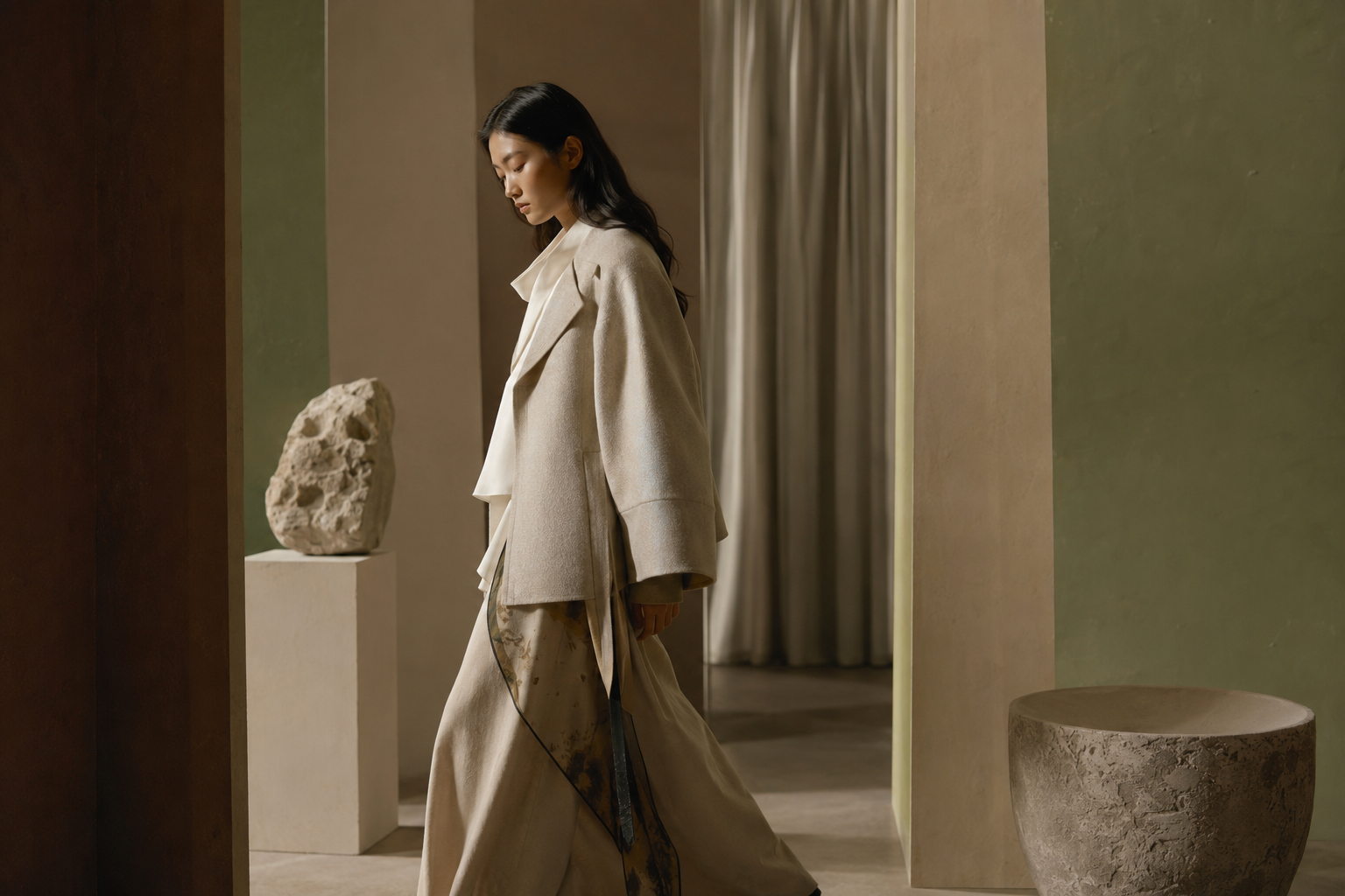 A model walks between coloured plaster volumes — olive, ochre, oxblood — past a stone on a plinth.