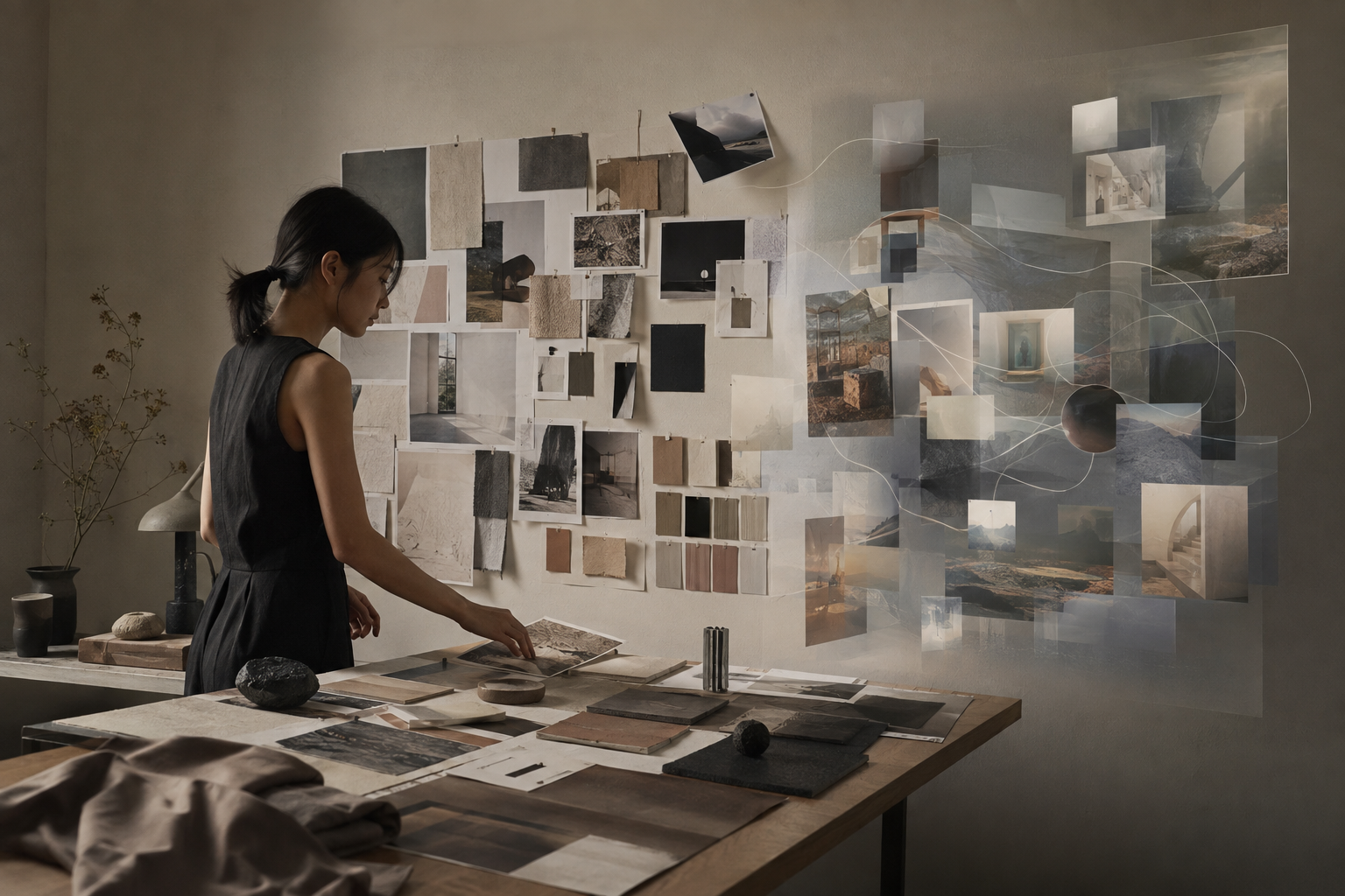 On the left a paper mood board of pinned samples; on the right it continues as translucent generated frames in the air.