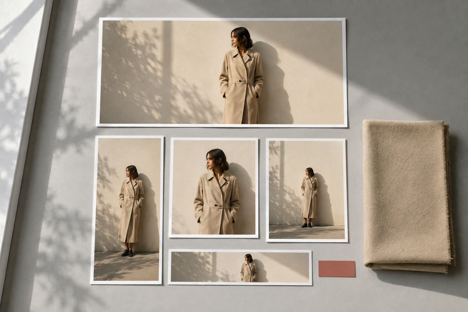 One frame in five formats — banner, vertical, square, narrow strip — laid on a pale grey table beside folded cloth and a colour swatch.