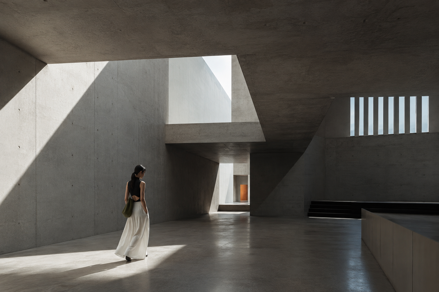 A vast concrete hall crossed by a diagonal of light, the figure small within it and subordinate to the space.