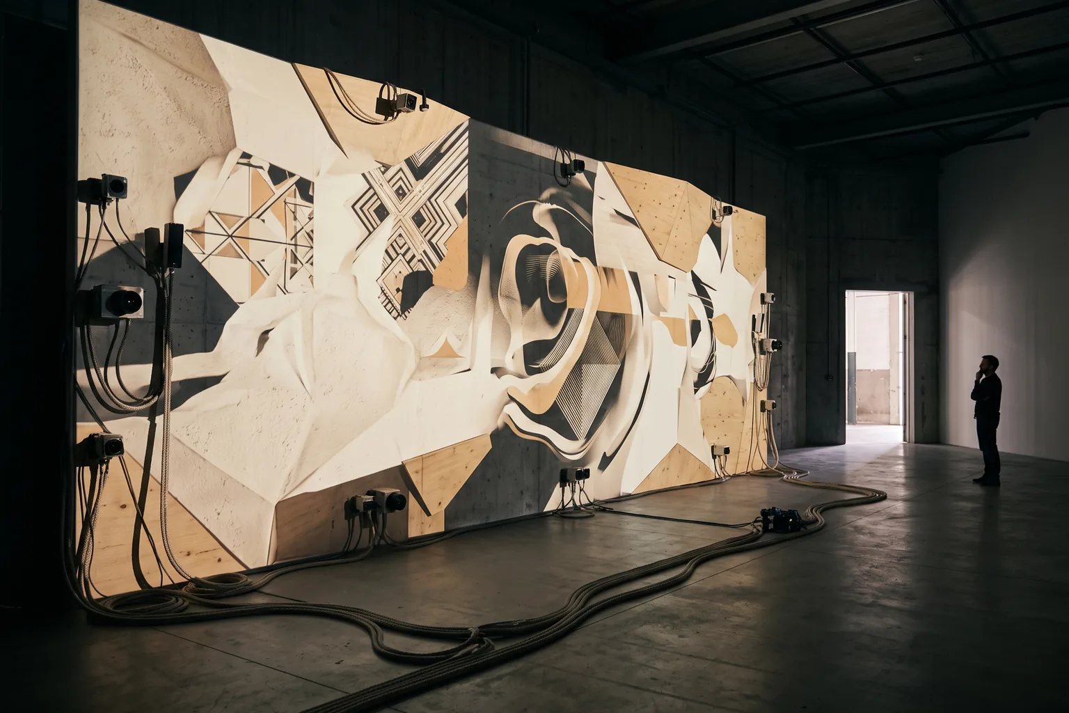 A darkened hall where a wide panel carries an abstract projected image, its cables running across the concrete floor toward a single distant figure.