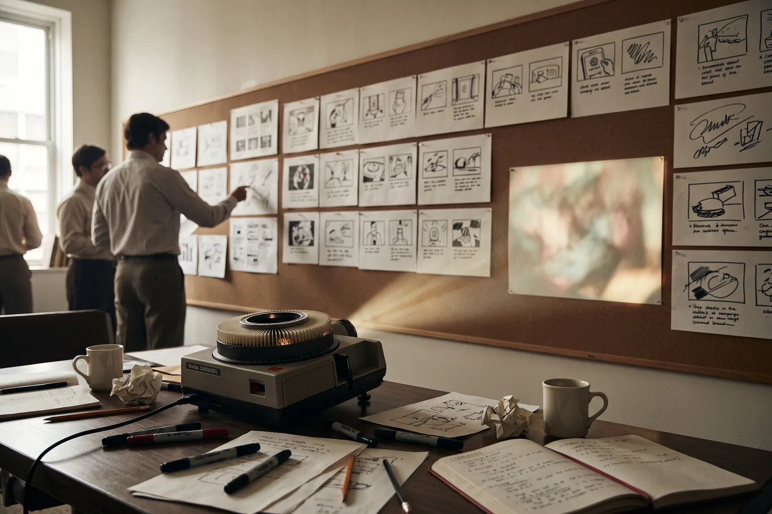 A cork wall of pinned storyboard frames with people working at it, and a carousel slide projector on the desk in front.