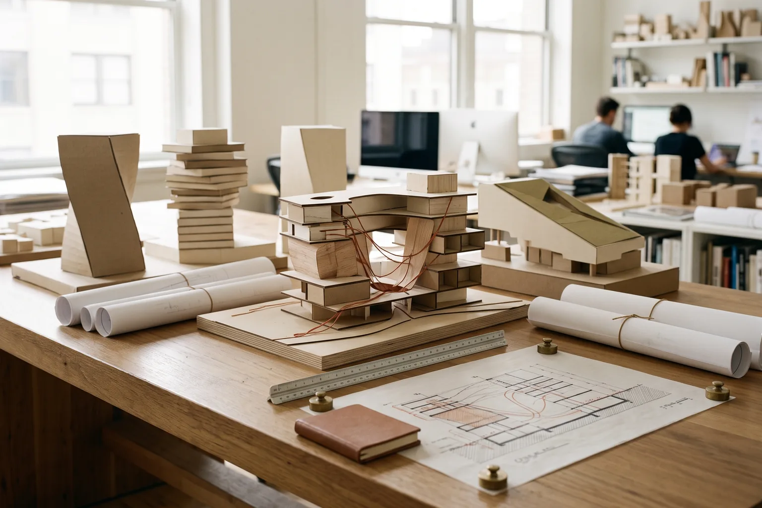 Timber and card massing models on a workshop table beside rolled drawings and a site plan held down at the corners.