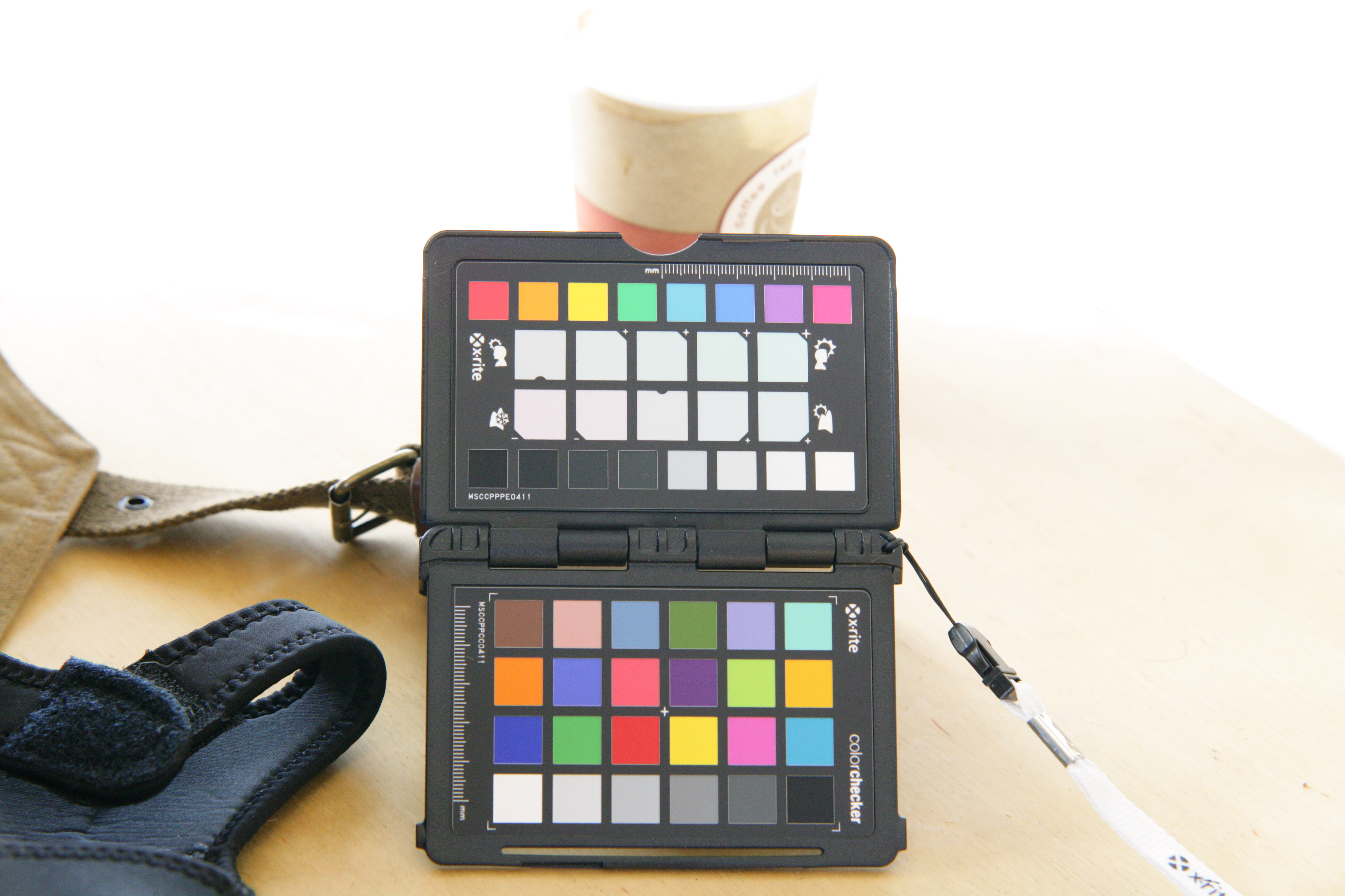 A folding colour target showing rows of reference patches and a grey scale.