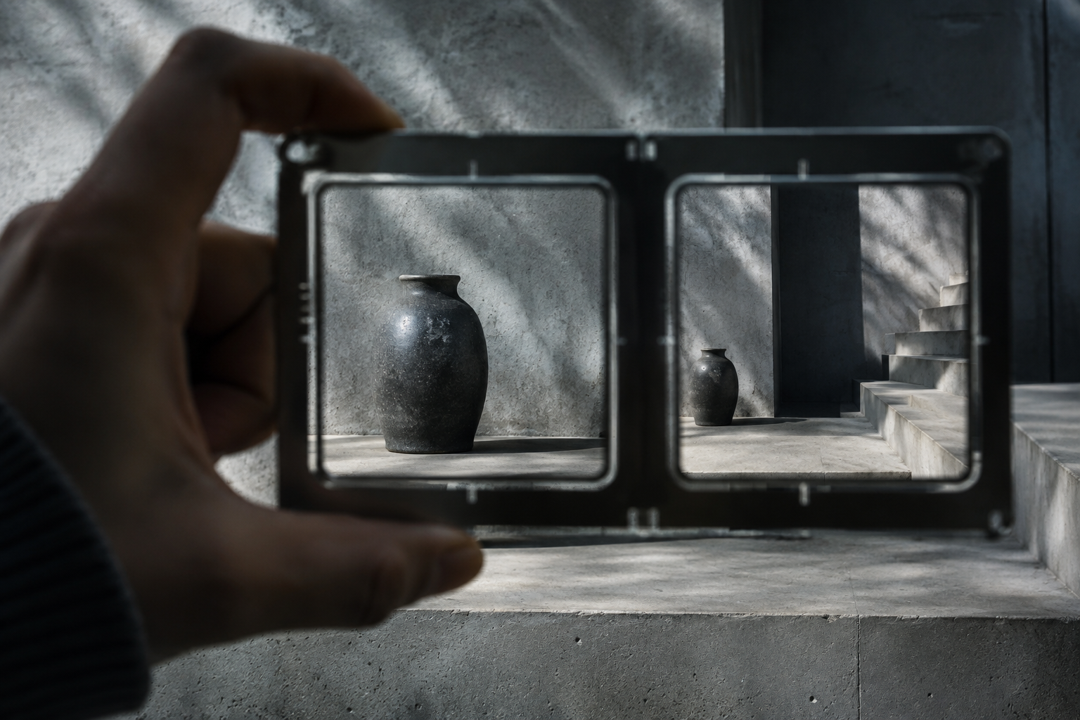 A hand holds a two-window framing card: in one the vessel fills the centre, in the other it sits small beside a stair.