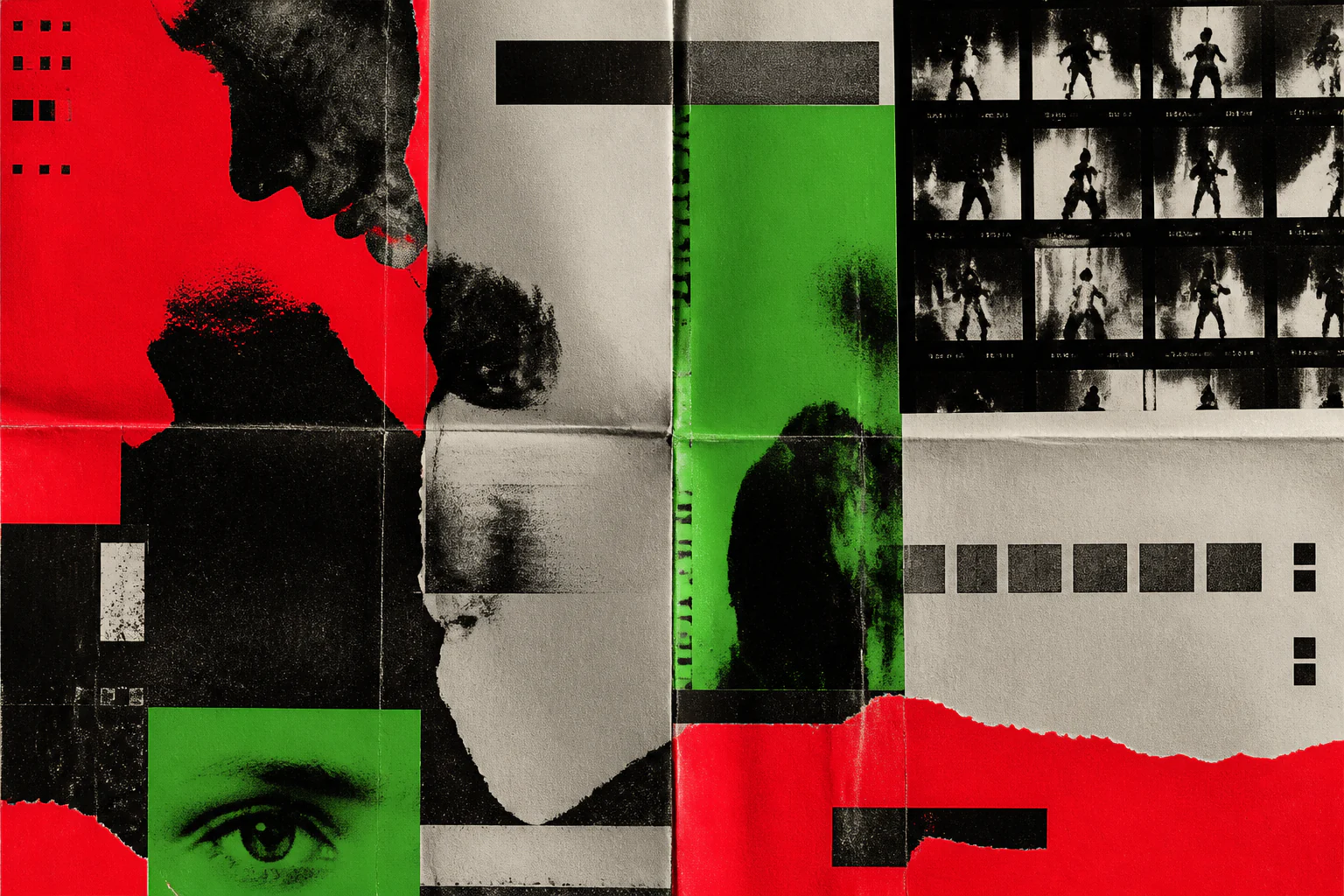 Dazed editorial composition of collage, contact sheets and bright typographic fields, conveying the magazine’s provocative energy.