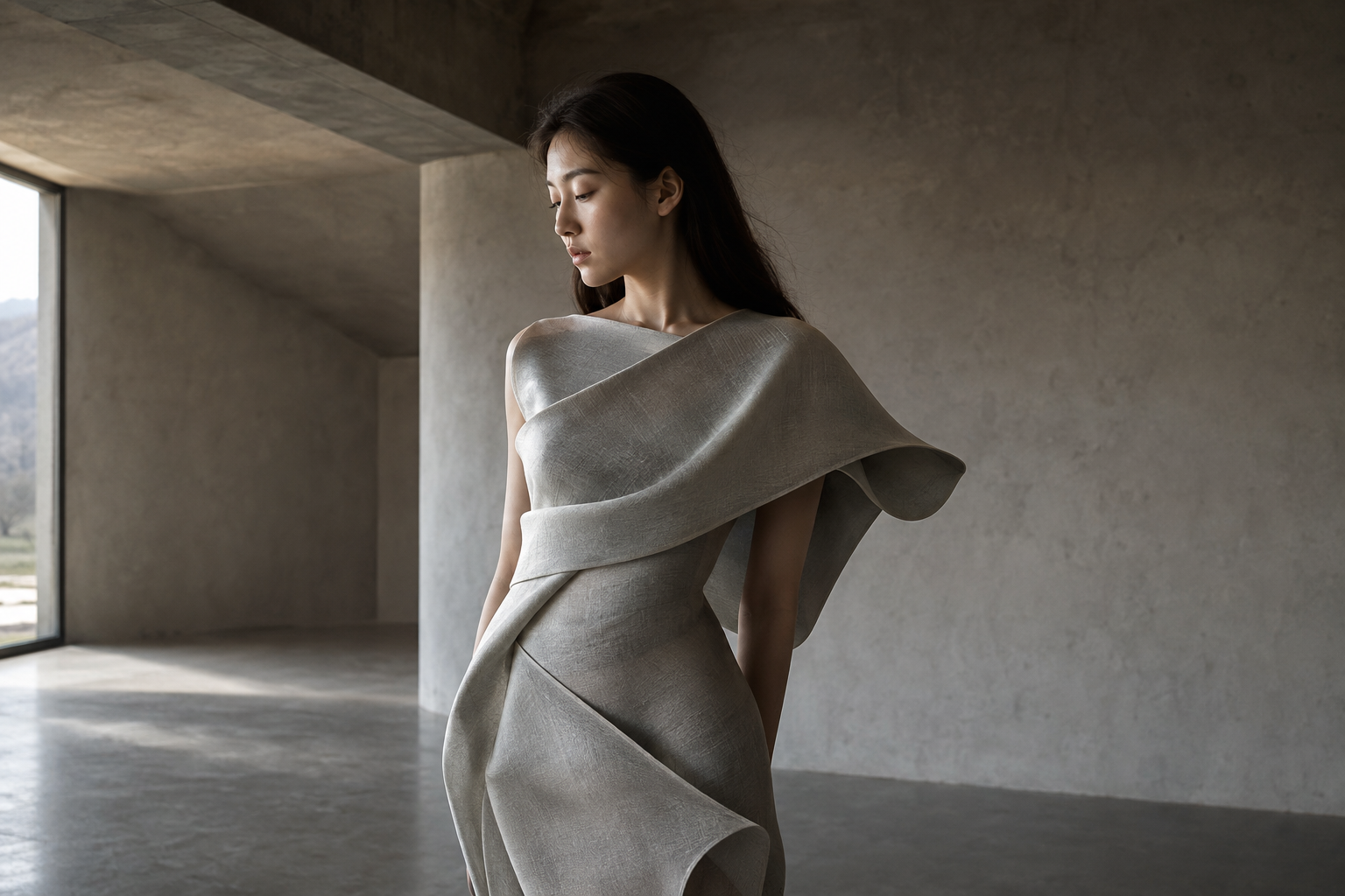 Close in on the sculptural drape of a heavy-cloth dress, the interior behind it falling out of focus.