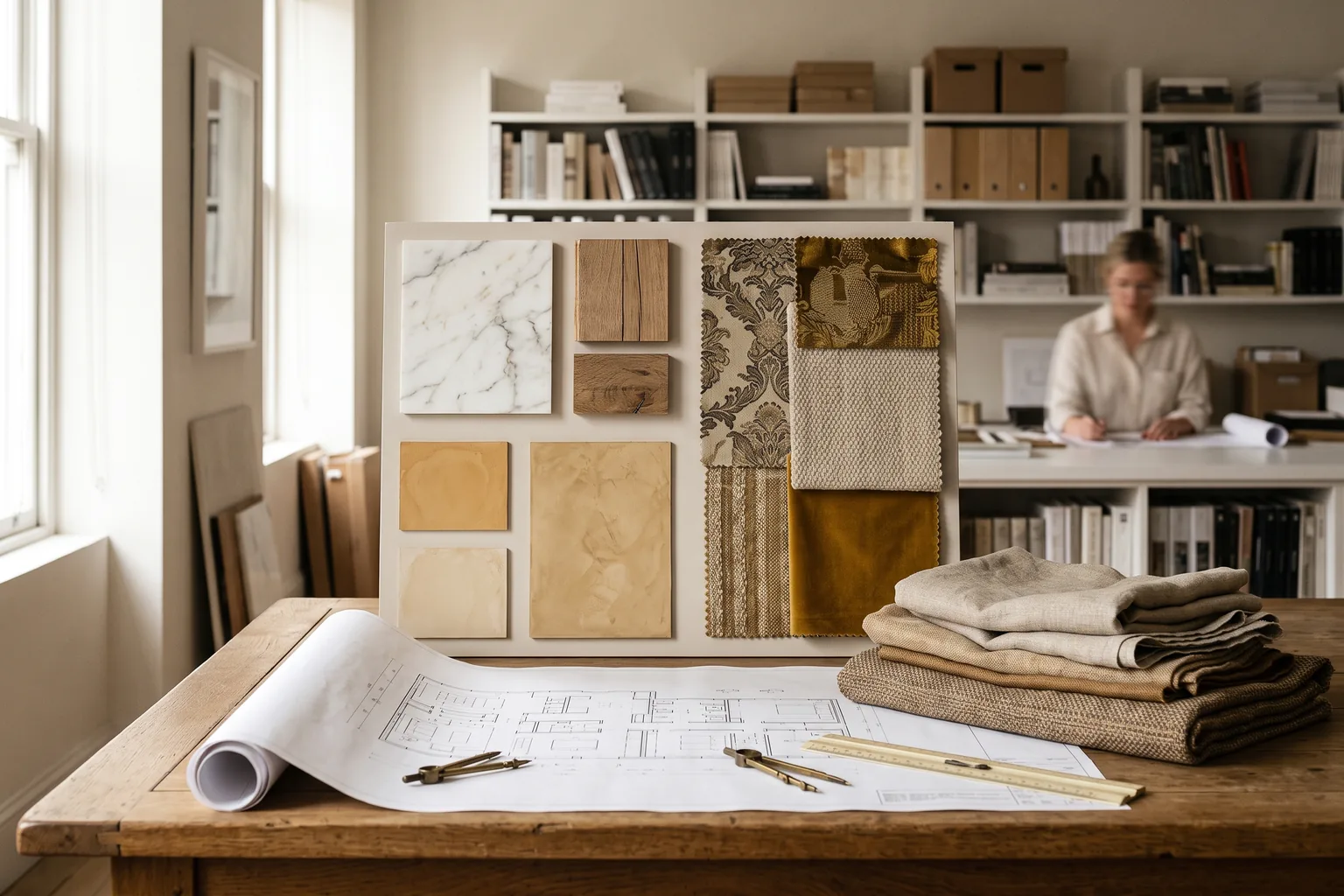Material board of marble, oak, patterned silk and velvet above a plan drawing, with folded linens and brass dividers on an oak table.