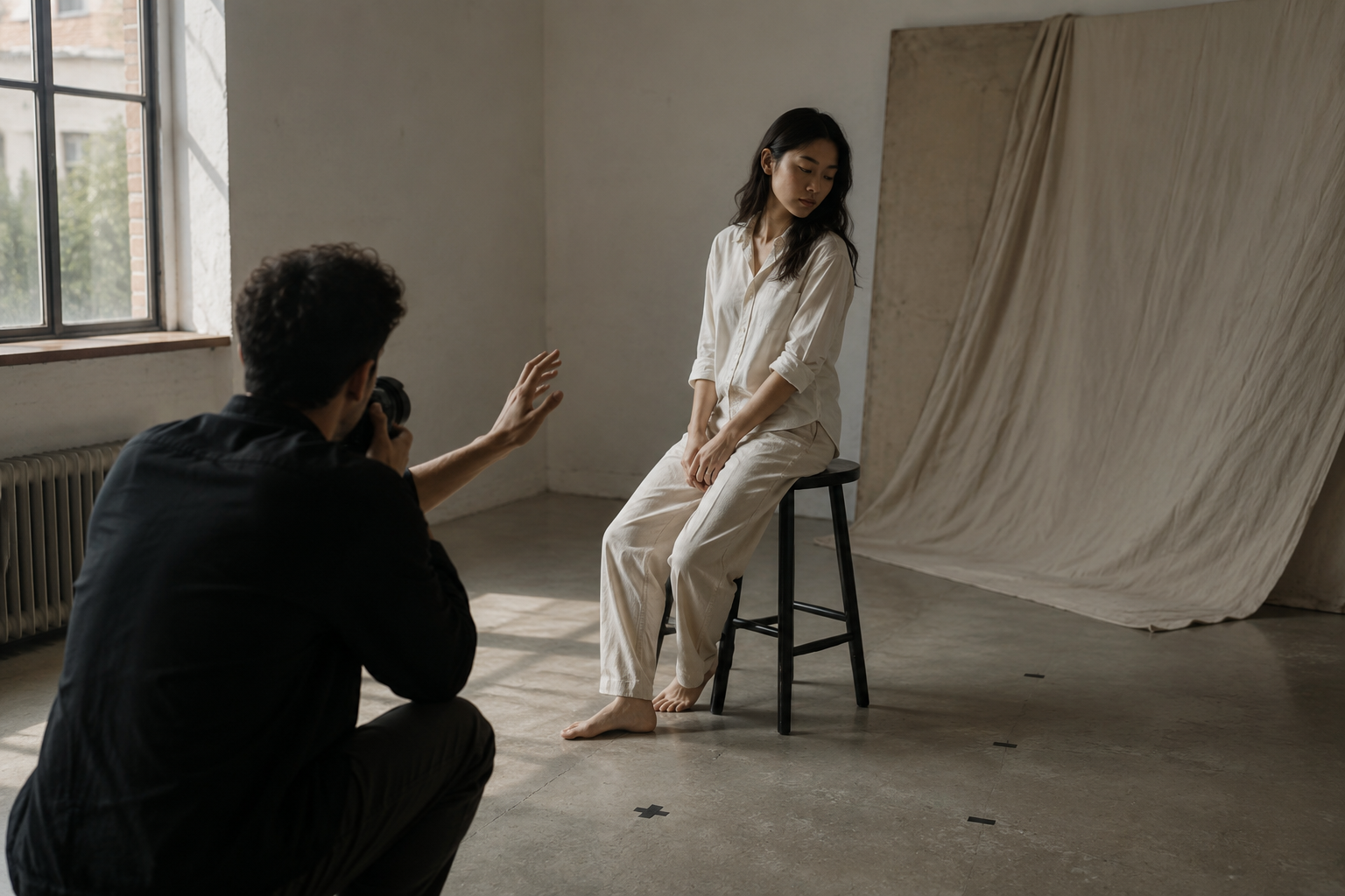 A photographer crouching and indicating direction by hand; the model seated on a stool by a canvas backdrop.