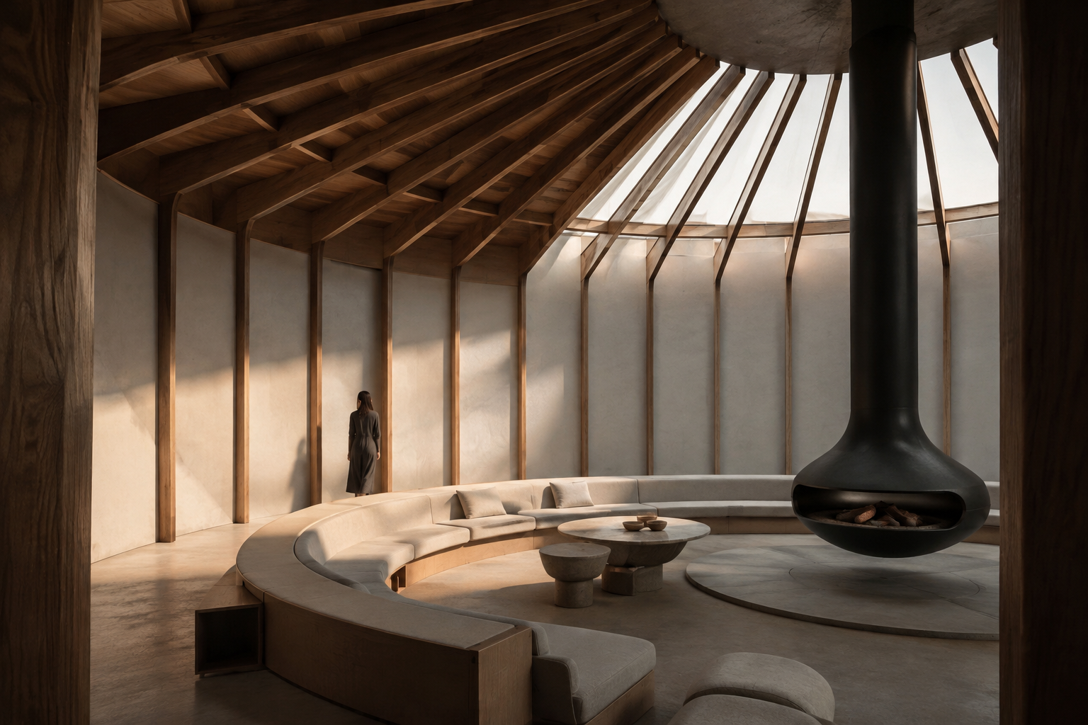 A contemporary space inheriting the yurt's circle, frame and top light.