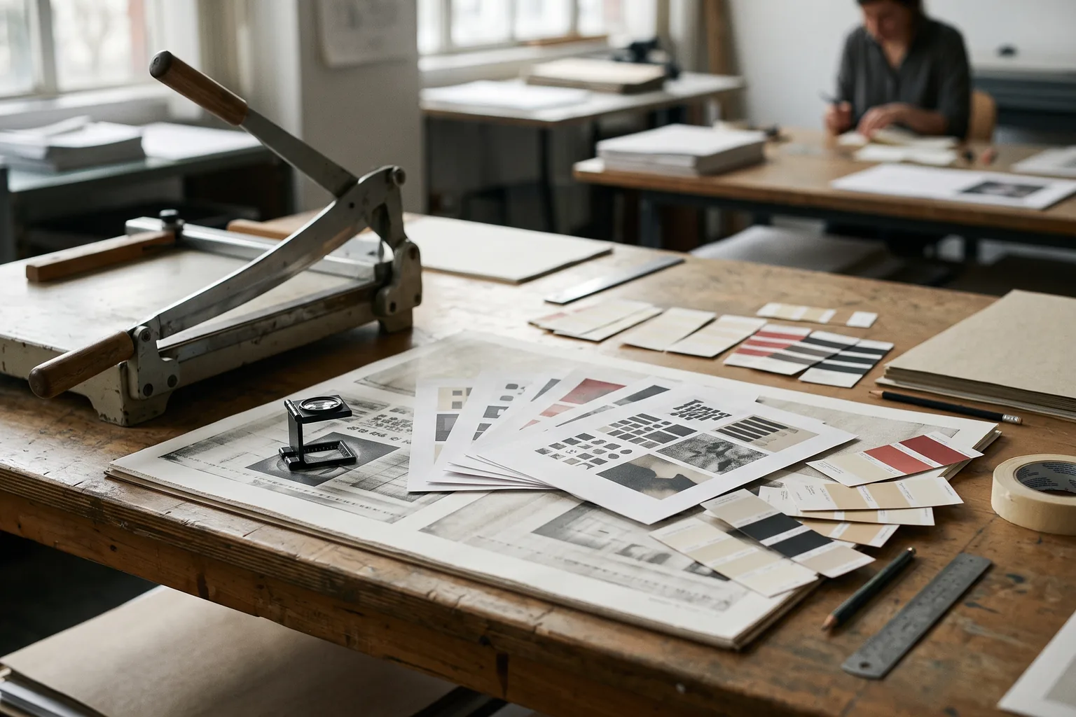 A paper guillotine at the edge of a worktable spread with printed sheets, colour swatches, a loupe and a steel rule.