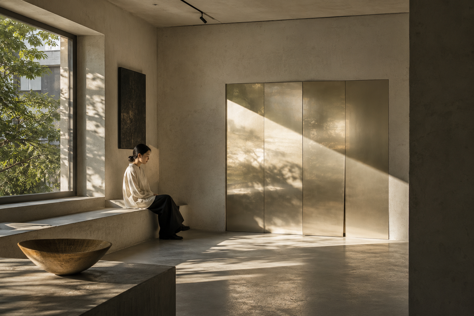 A room with a tall window: a diagonal shaft of sun falls across brass panels, with leaf shadows on the wall.