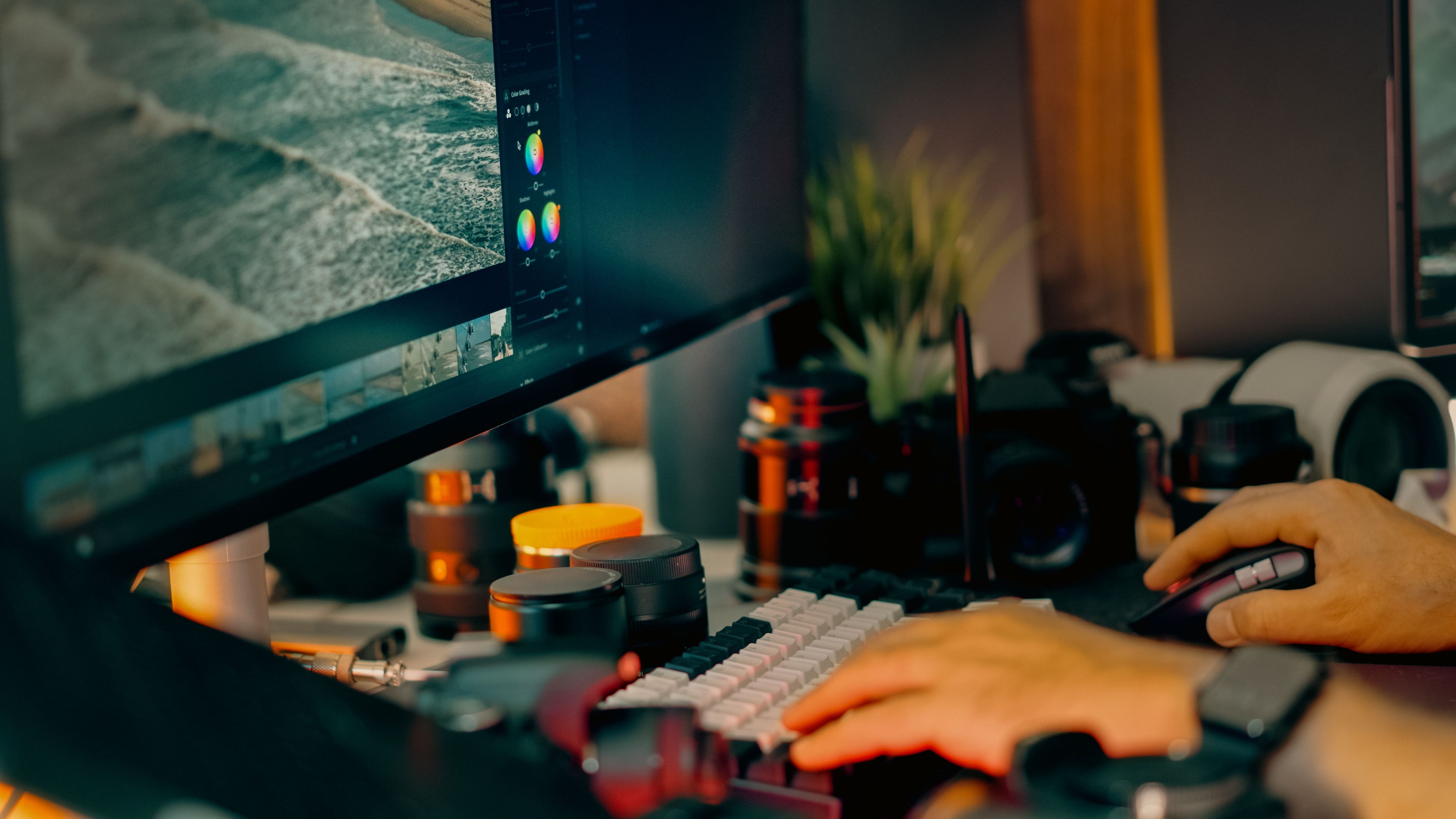 Digital photo editing workspace with computer setup.