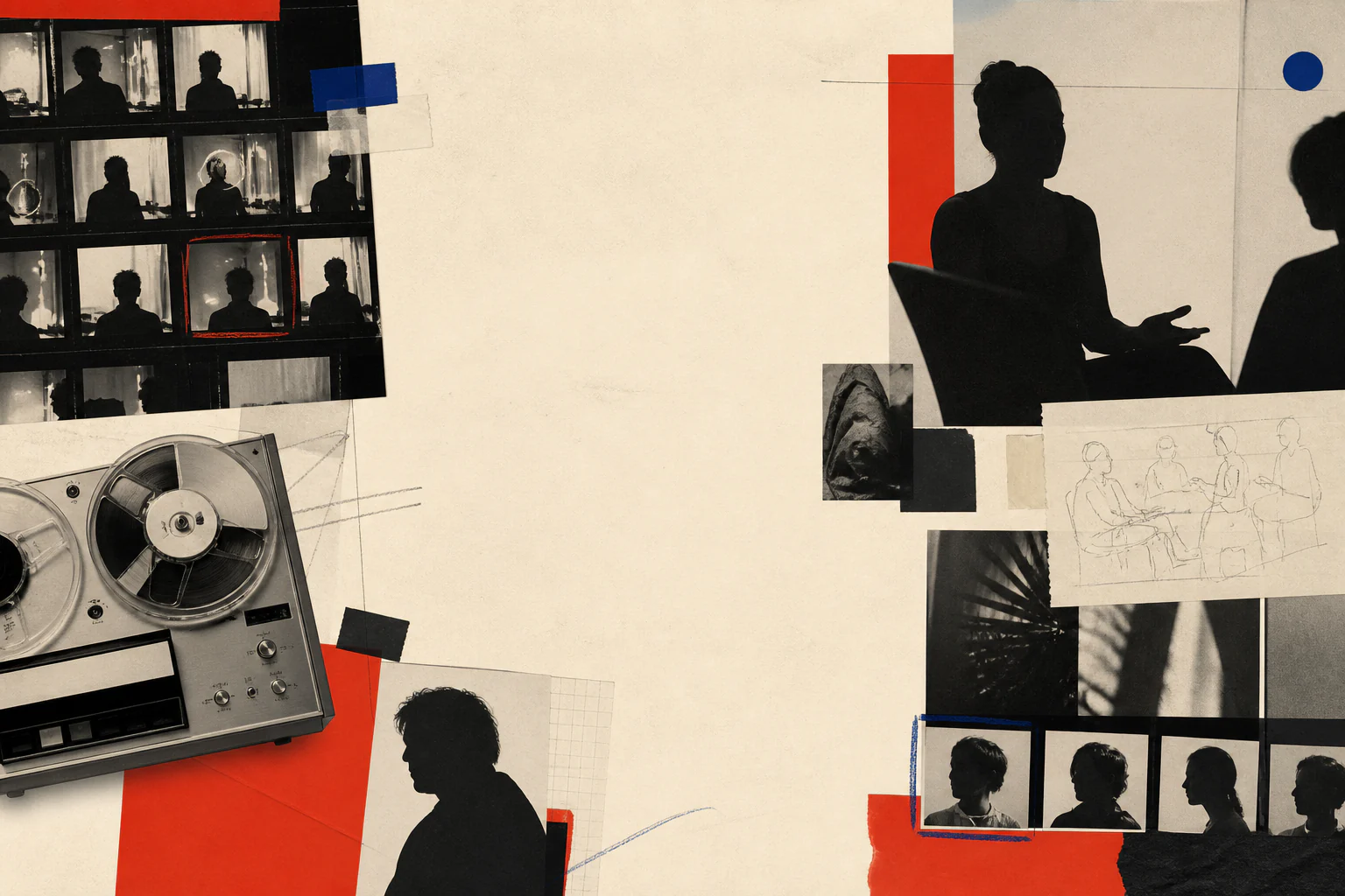 Editorial AI illustration of Interview as an analogue social network: contact sheets, a tape recorder, conversation silhouettes and photographic montage.