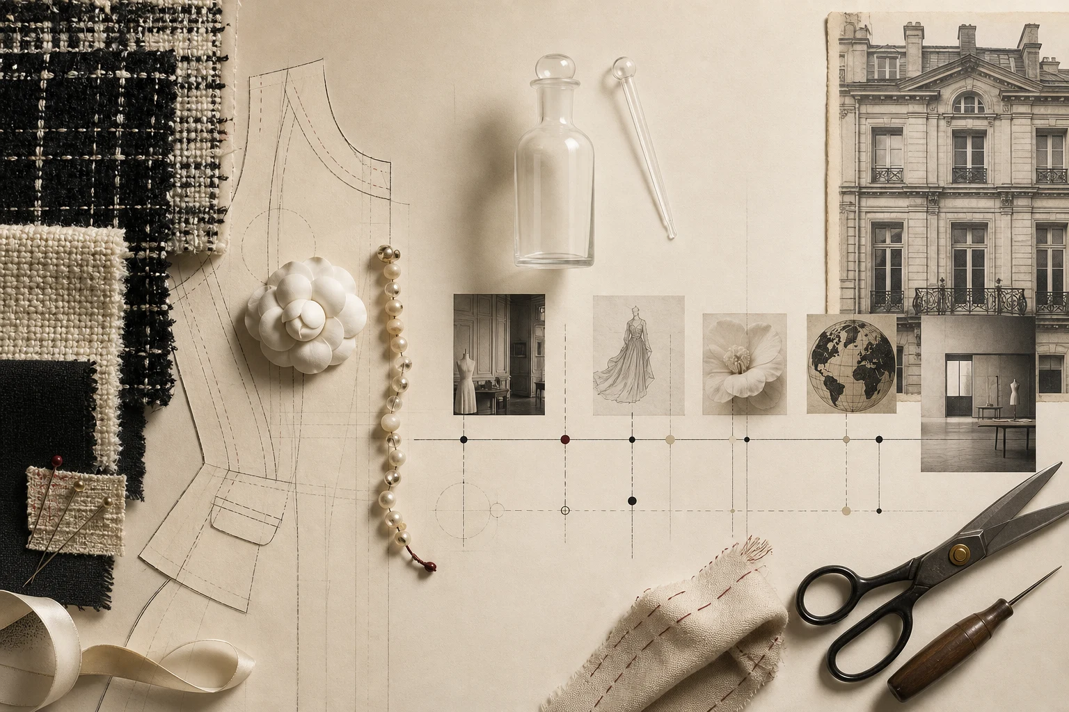 Editorial composition about Chanel history: tweed, a pattern, glass bottle, pearls, atelier and timeline.