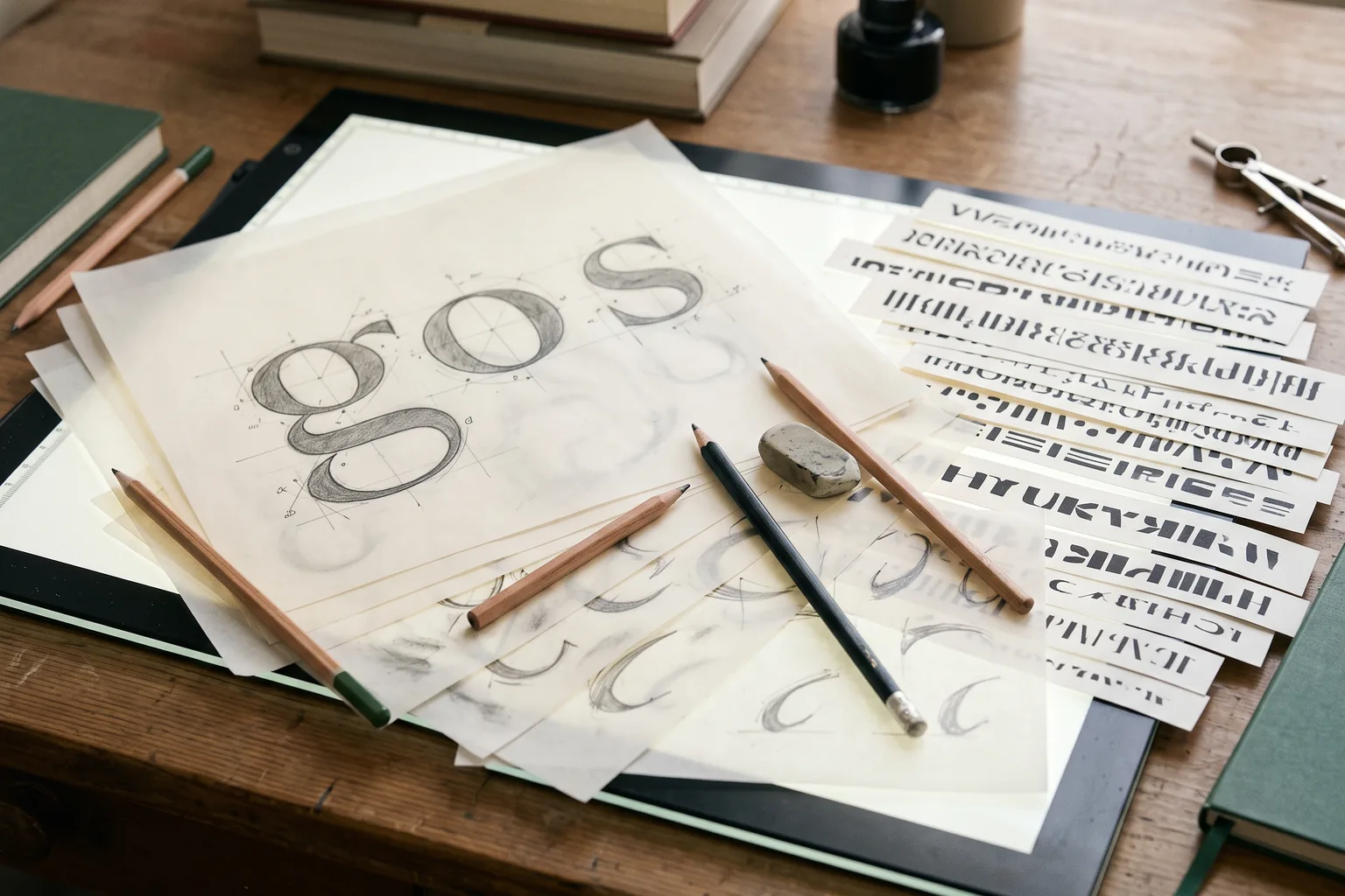 Pencil drawings of letterforms on layout paper with construction lines, beside strips of printed type specimens and drawing tools.