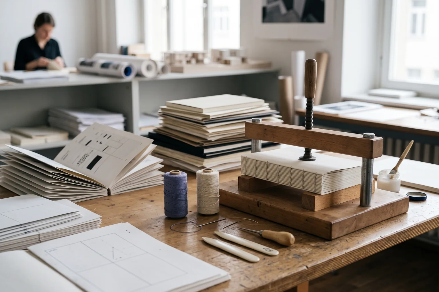 A wooden book press clamping a stack of folded signatures, beside an open sewn book block, linen thread and bone folders on a worktable.