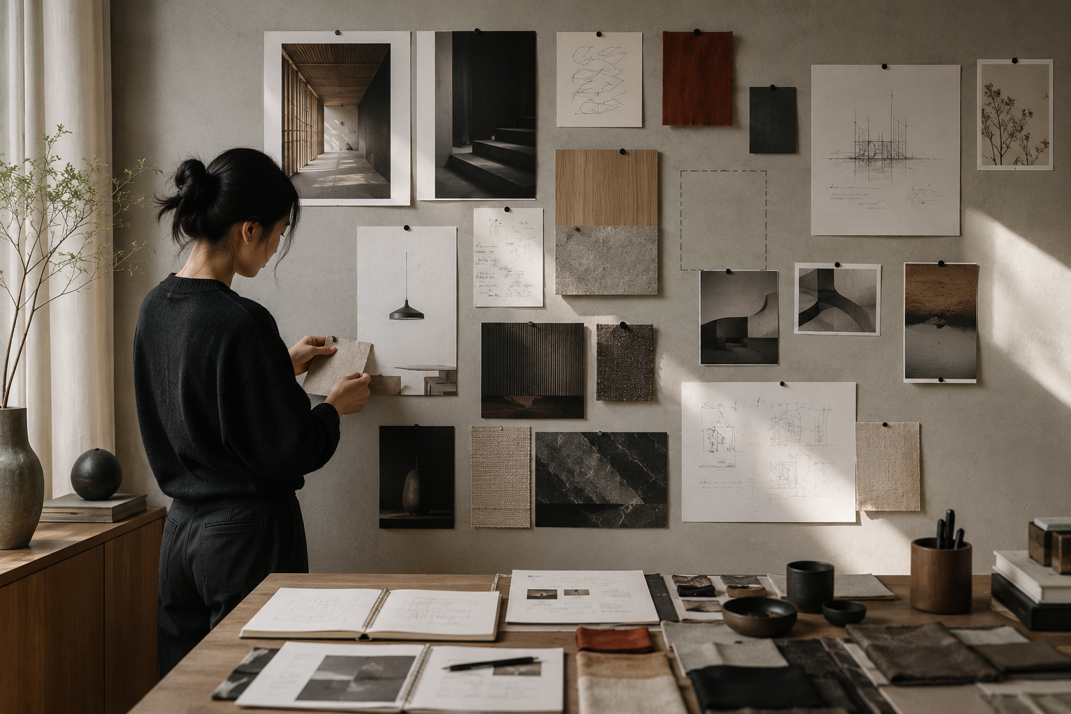 A person pinning a material sample to a wall of references, drawings and swatches above a work table.