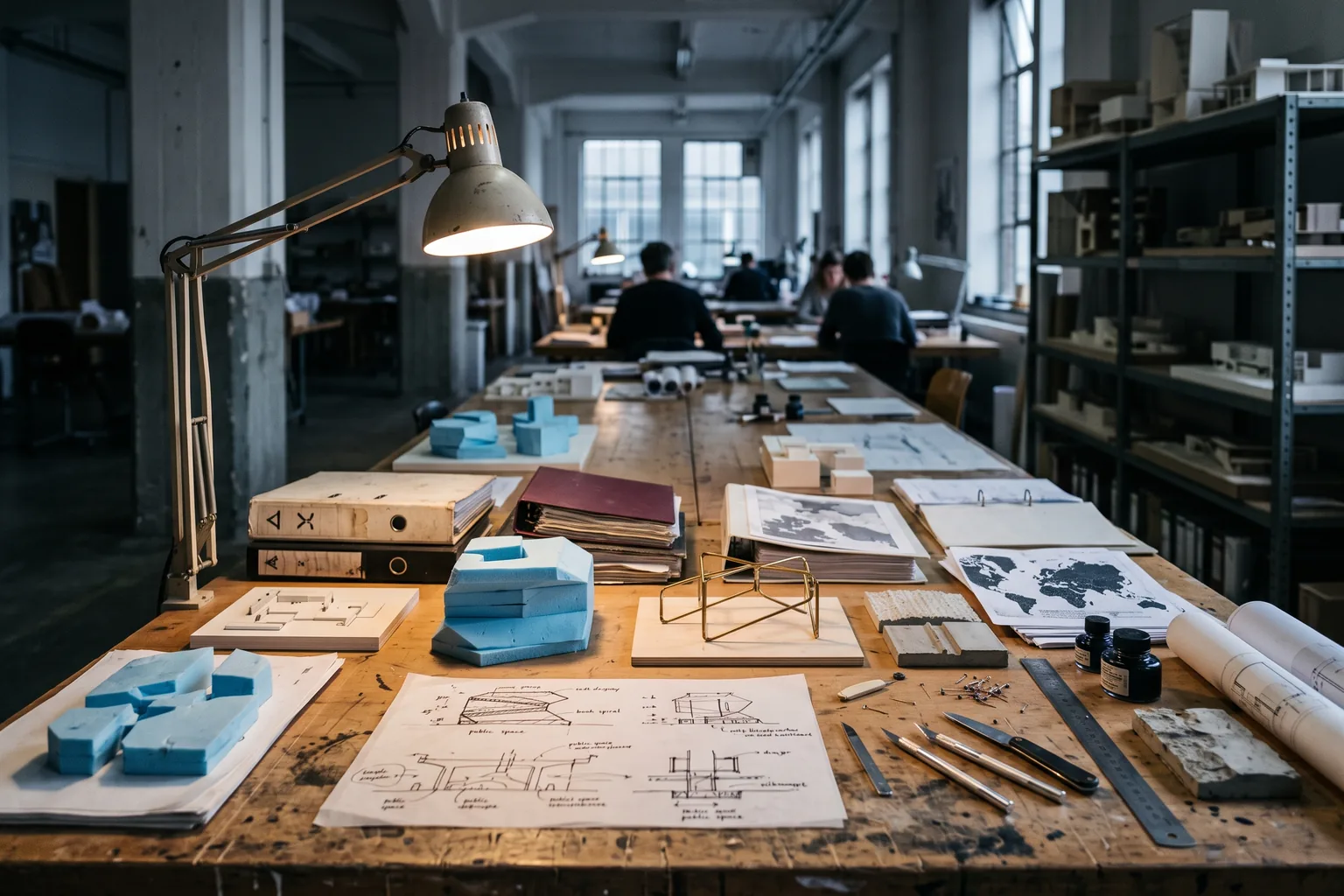 A long studio table under a work lamp carrying blue foam massing models, plan drawings, ink and rolled sheets, with people working in the dark depth of the room.