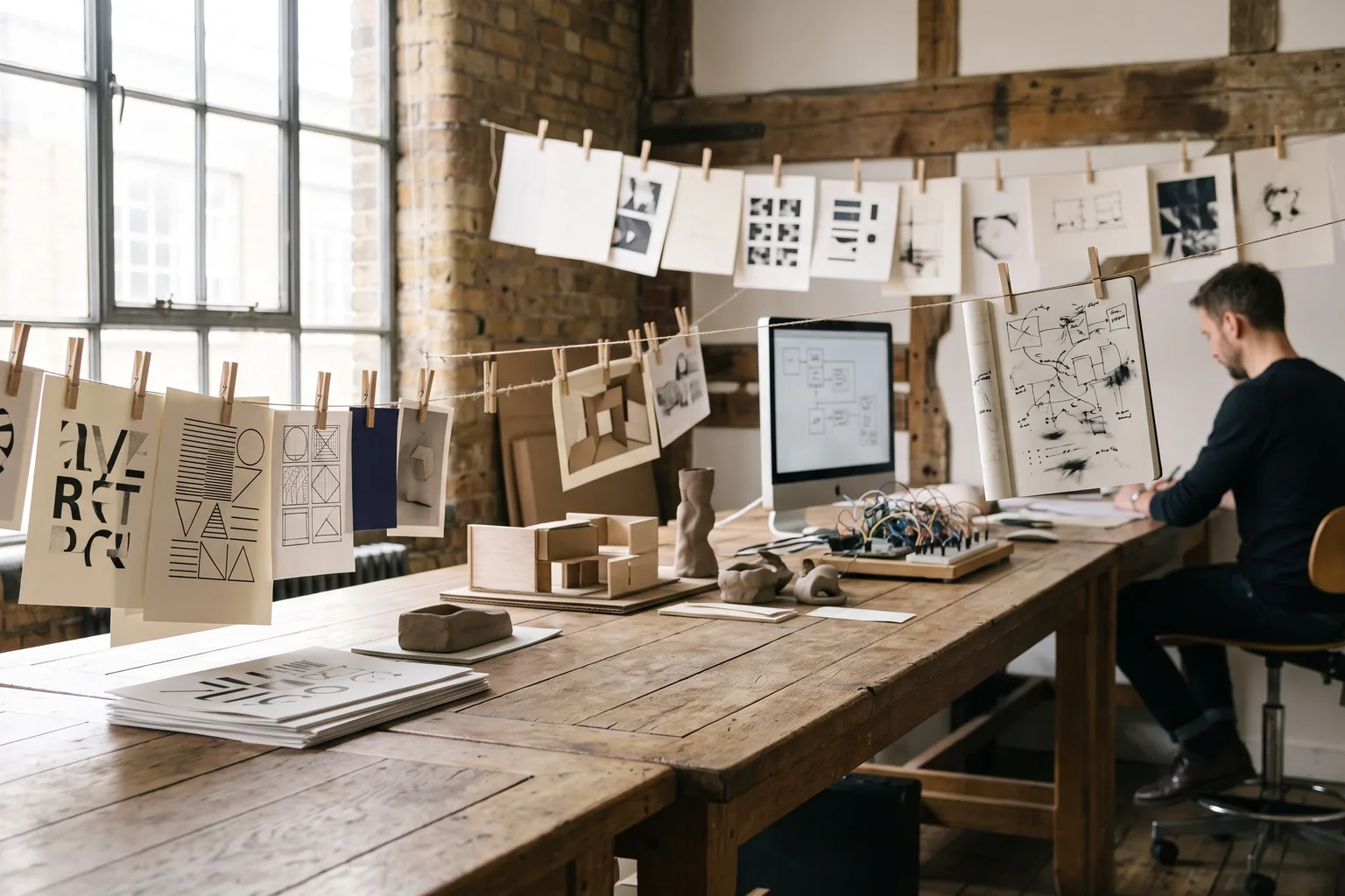 Proof sheets pegged along a line above a work table, carrying abstract letterform fragments and grid studies, with card models below.