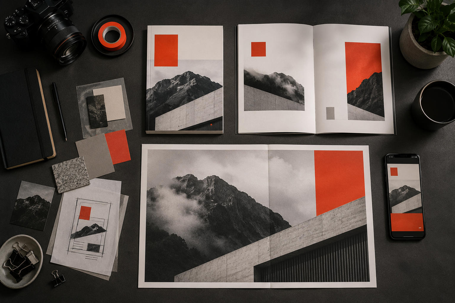 Seen from above: cover, spread, poster and phone screen carry one visual code, with swatches and a sketch alongside.