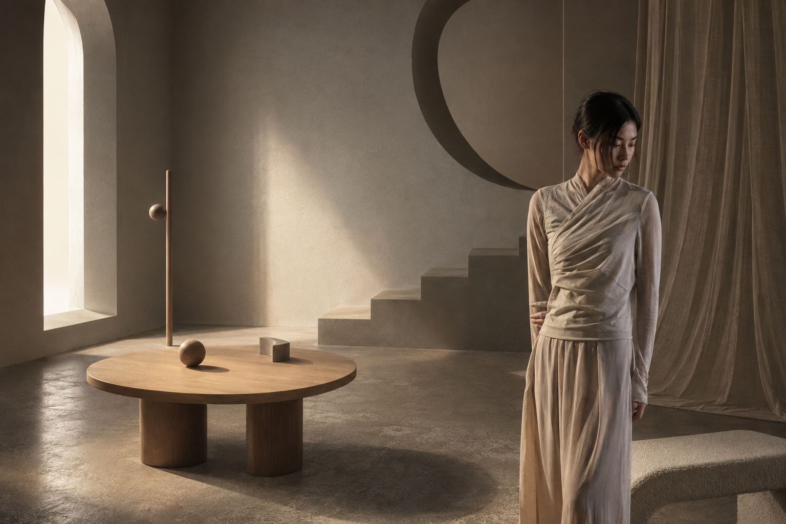 An assembled set: a round table, a sphere, a stair and a curtain — surroundings described in words and built for the frame.