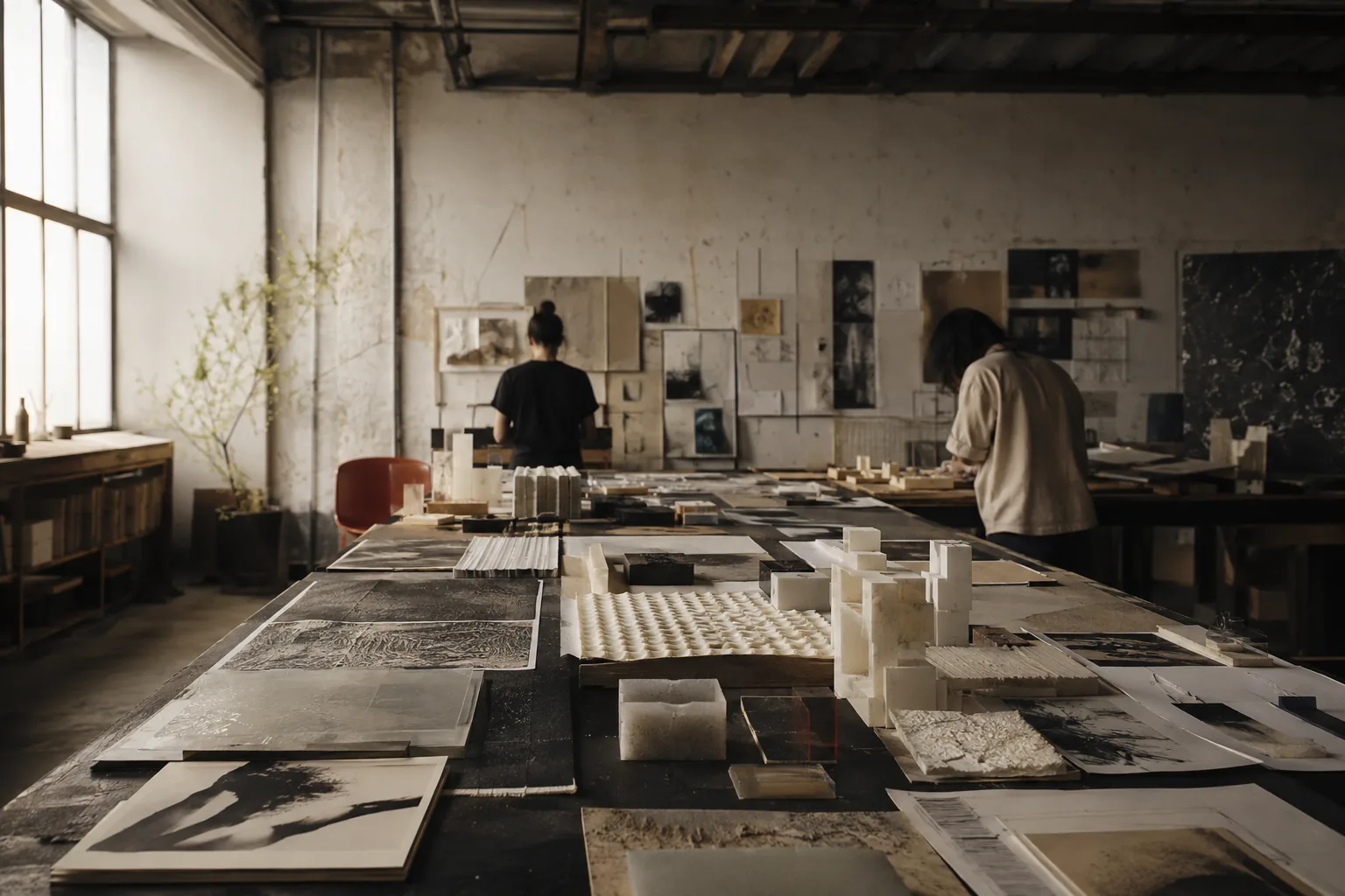A long table of dark-field prints, translucent blocks and small massing models in a bright studio, with two people working at the pinned wall behind.