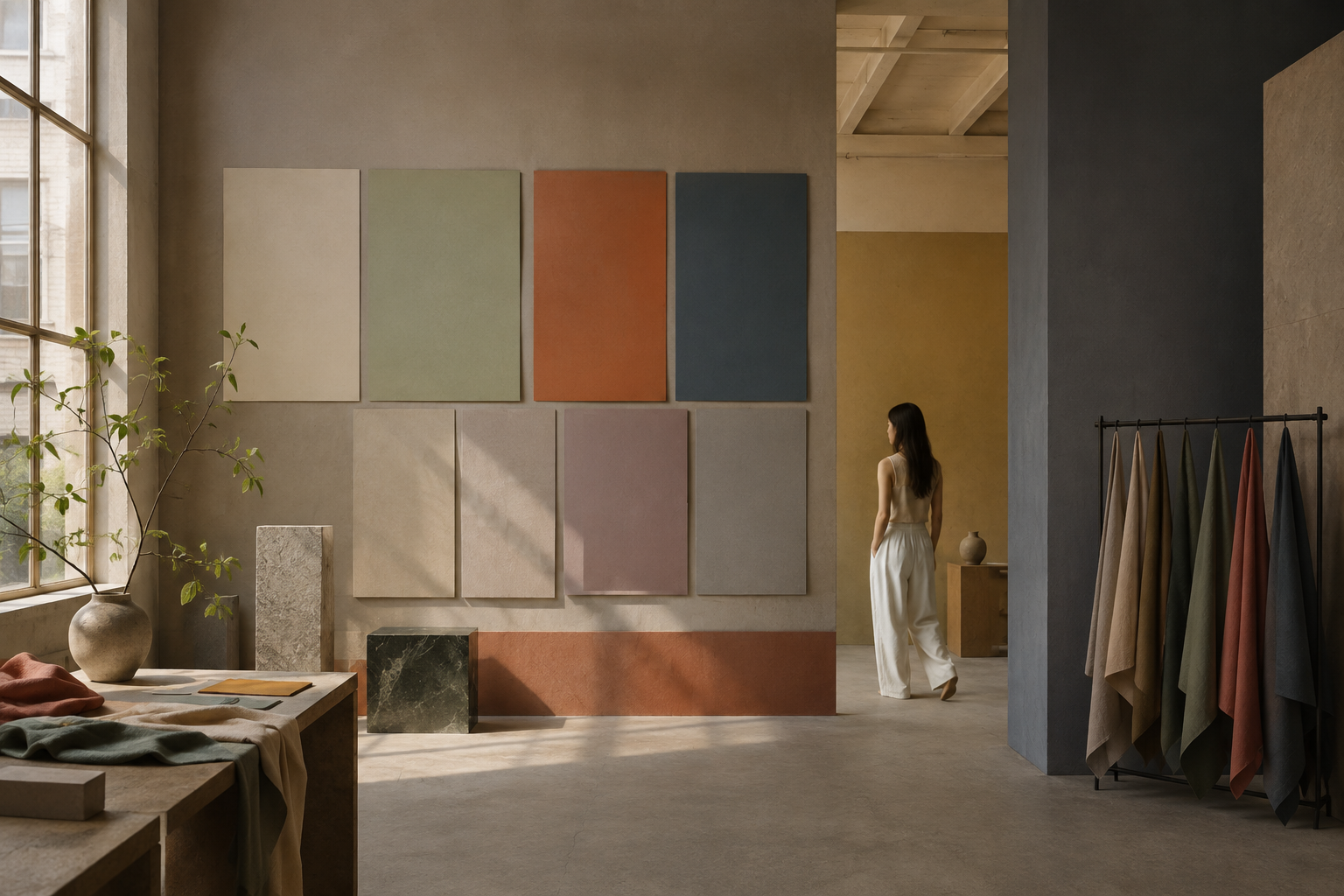 A studio with colour panels on the wall and fabrics on a rail: one colour reads differently in light and shade.
