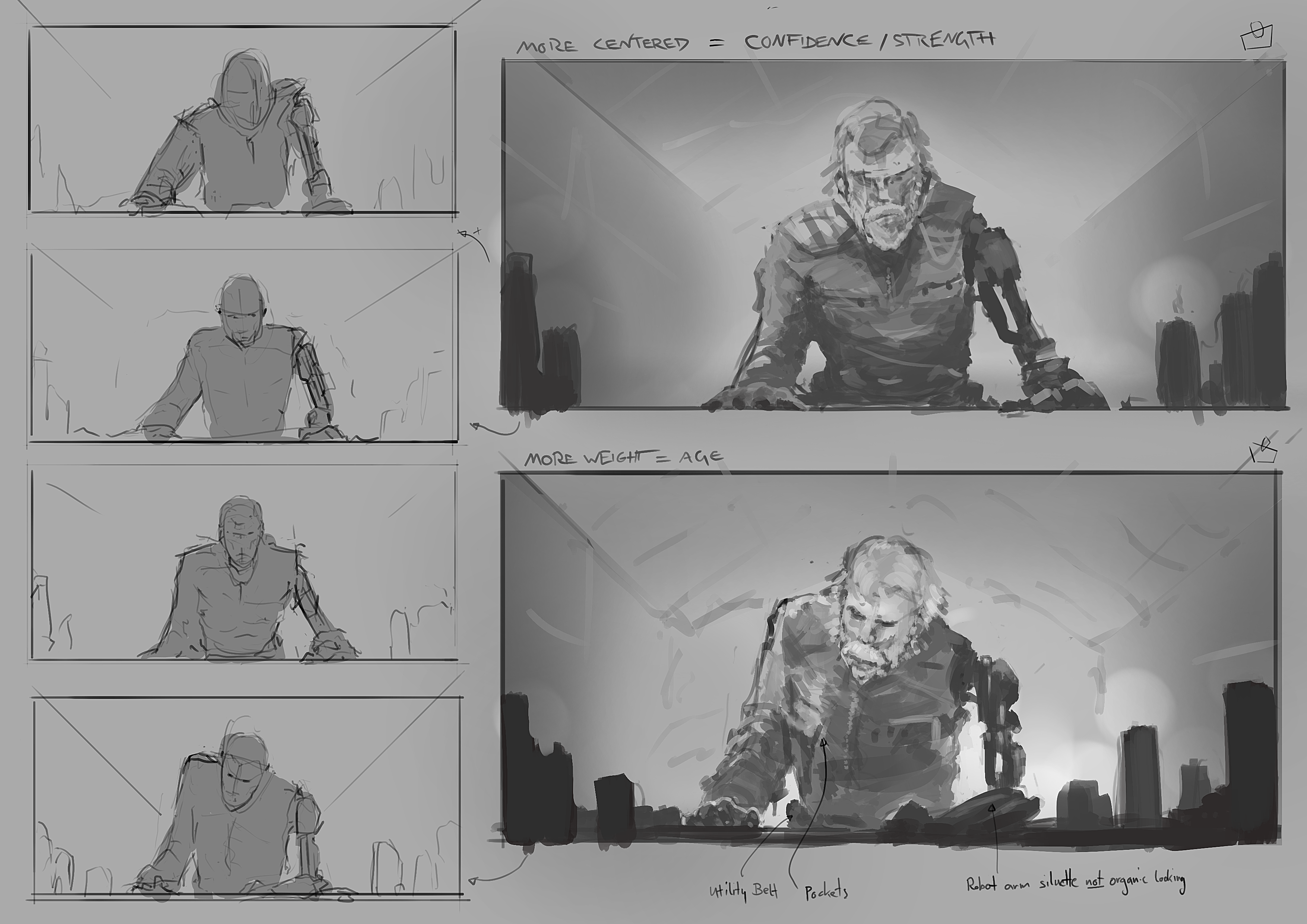 A storyboard sheet showing several variants of the same frame with handwritten notes on composition.