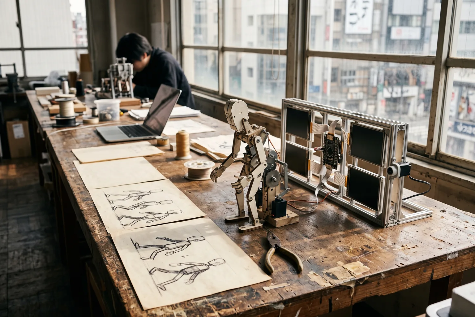 A studio table by a tall window holding small jointed figures, framed screens and movement studies, with one person working over them.