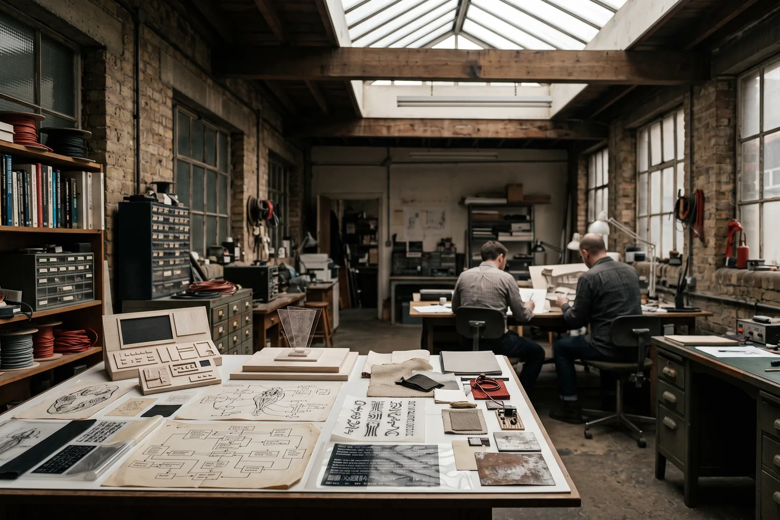A long studio with a built control-panel prop on the bench, sheets of screen-graphic layouts and component drawings laid out, two people working at the far desks.
