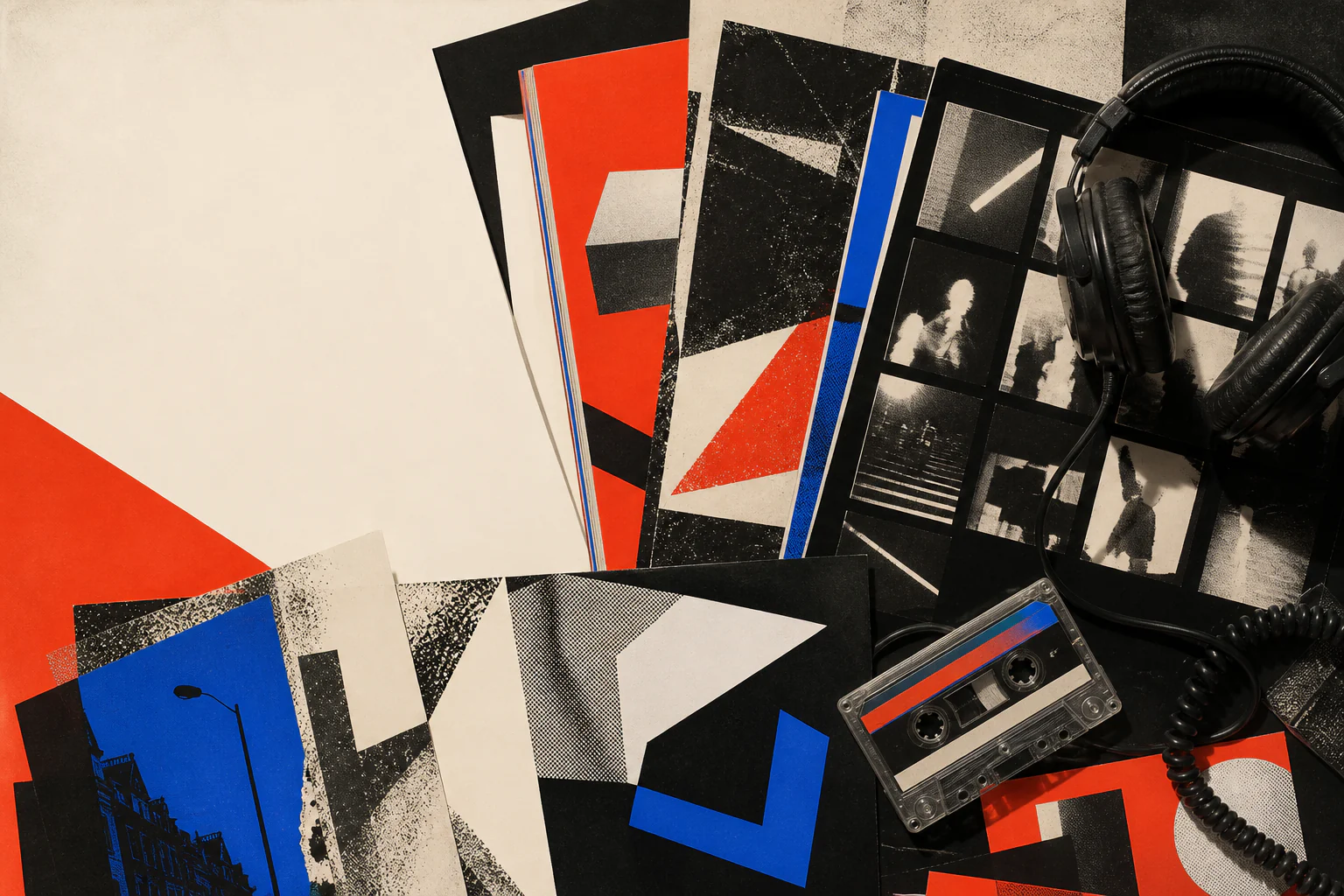 Editorial AI illustration of The Face as a visual laboratory: magazine sheets, a cassette, headphones, contact photographs and London street texture.