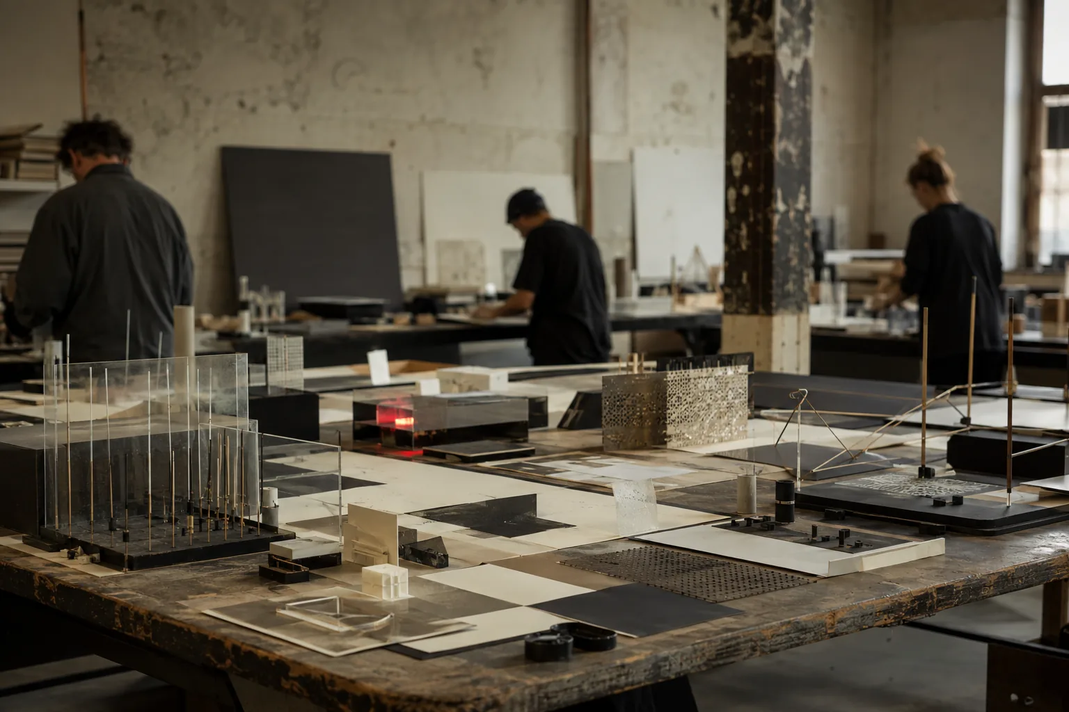 A workshop bench of light-rig armatures on thin rods and rectilinear study models, with two people assembling at the far side.