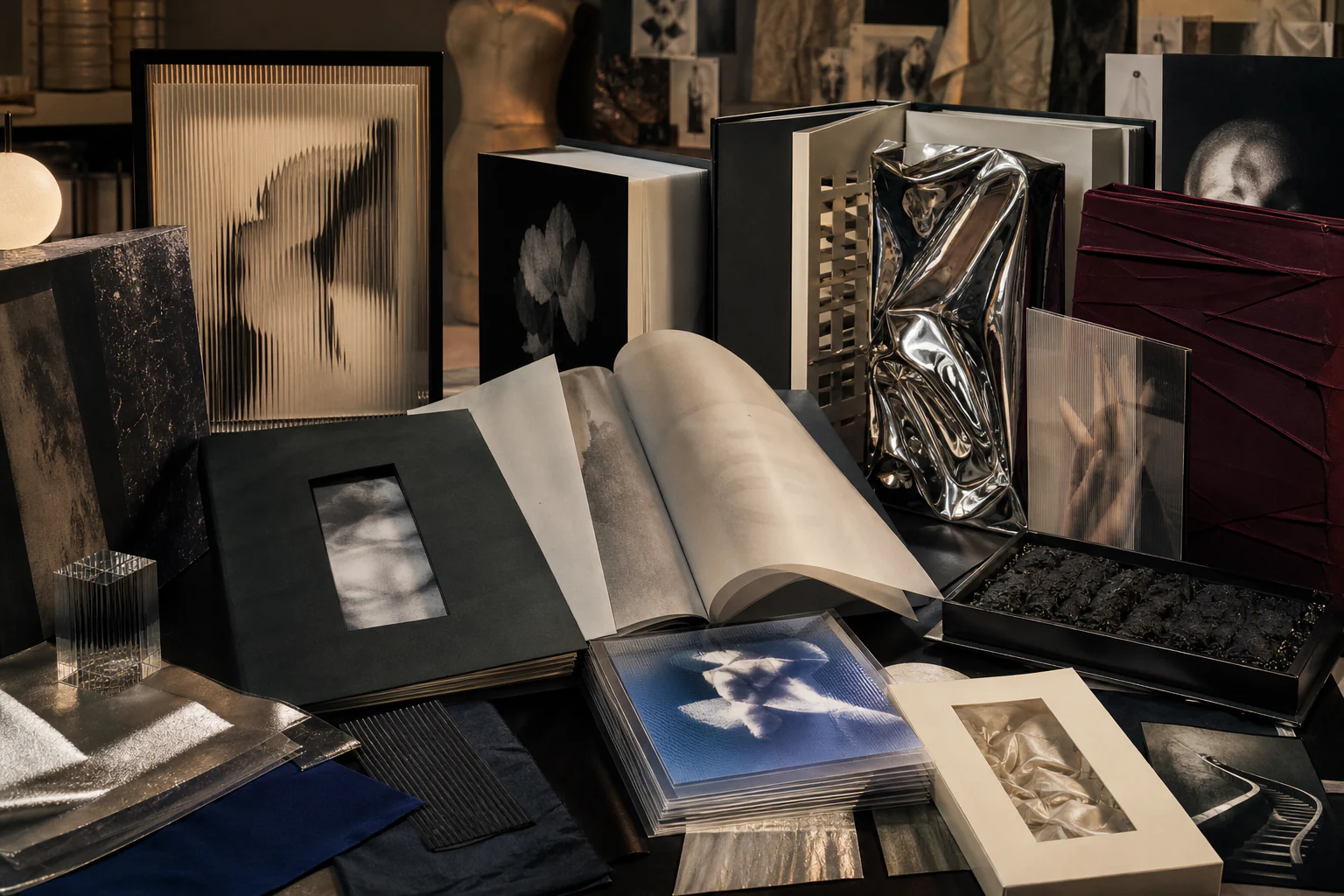 Visionaire as magazine-object: experimental boxes, translucent sheets, foil and material samples on an editor’s table.