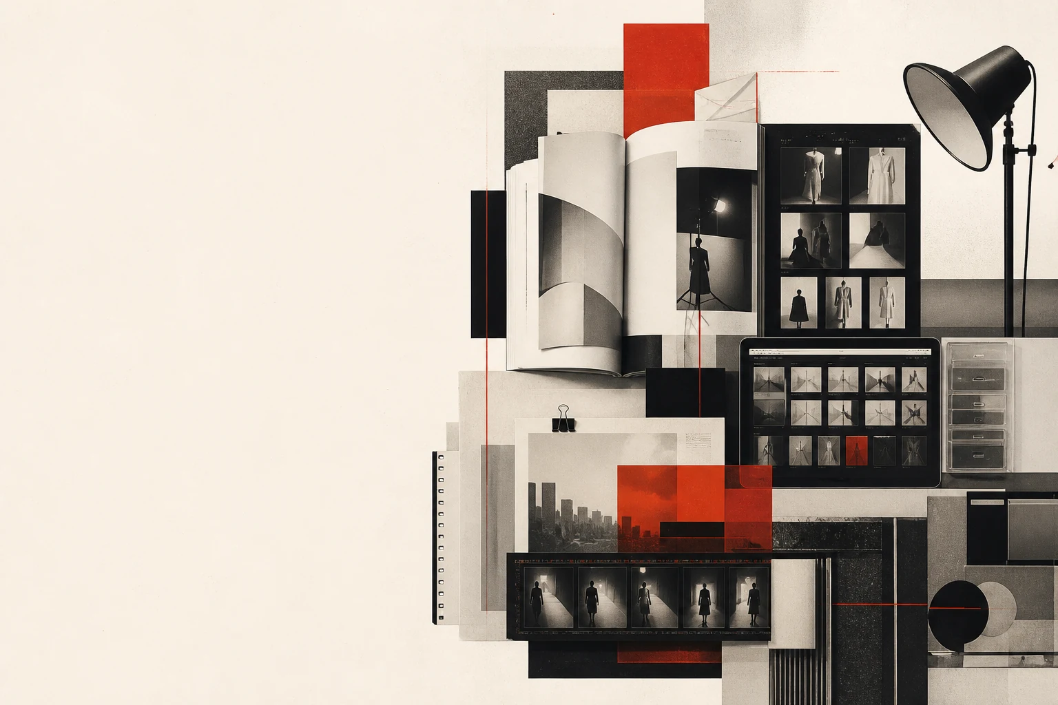 AI editorial illustration of Vogue as a fashion-photography system: archive, studio light, runway and a digital database.