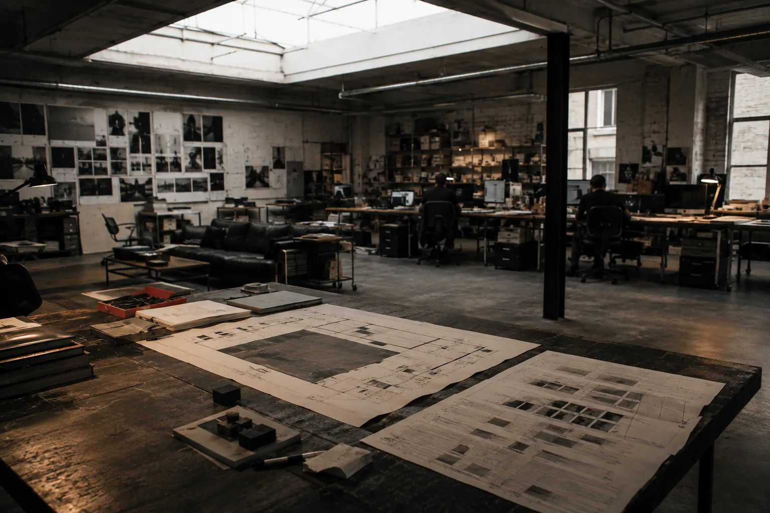 A wide agency floor seen past a foreground table of layouts, with desks, screens and a pinned image wall receding into the room.