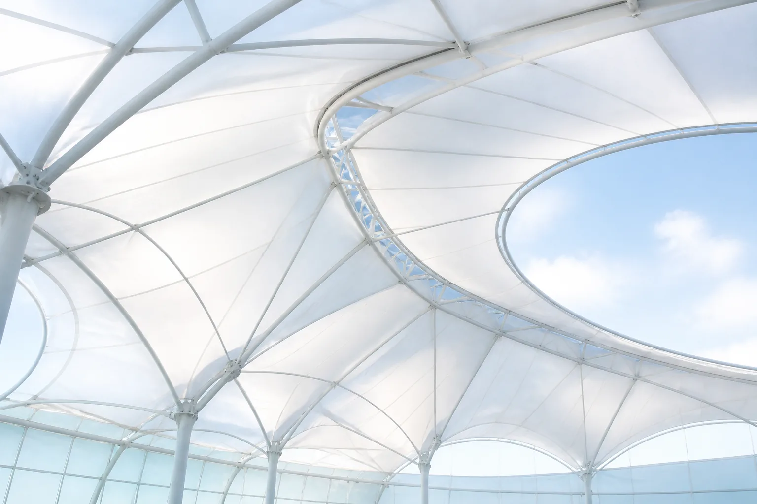 Editorial AI illustration: Membranes, light and soft spatial form: an editorial visualization of architectural textiles.