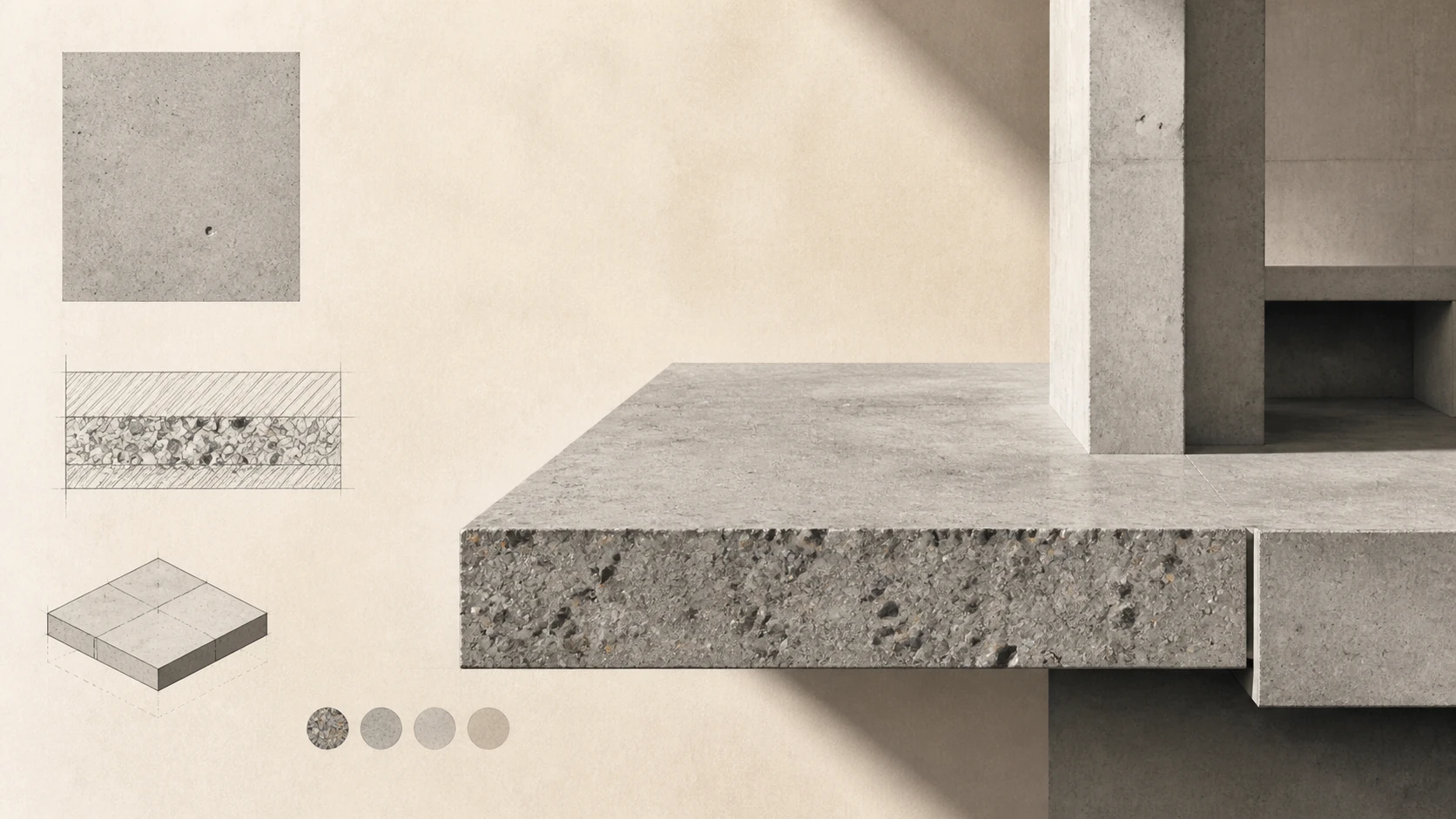 Editorial AI illustration: concrete slab, exposed aggregate, section detail and architectural construction