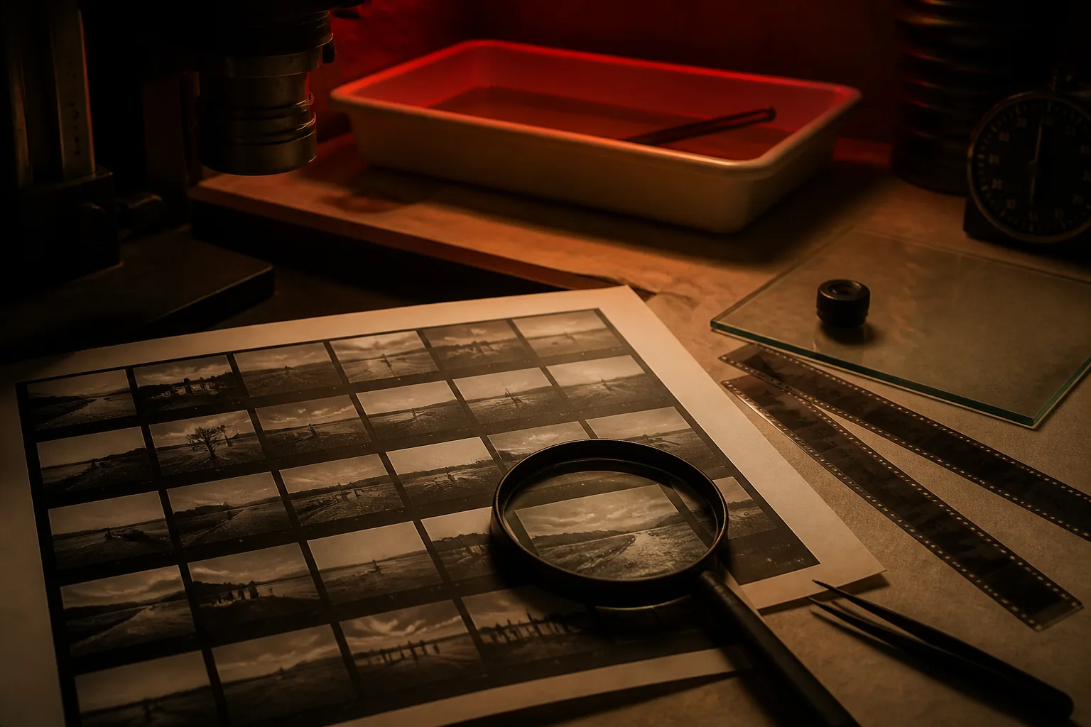 Editorial AI illustration: The image at negative scale: an editorial visualization of contact printing.