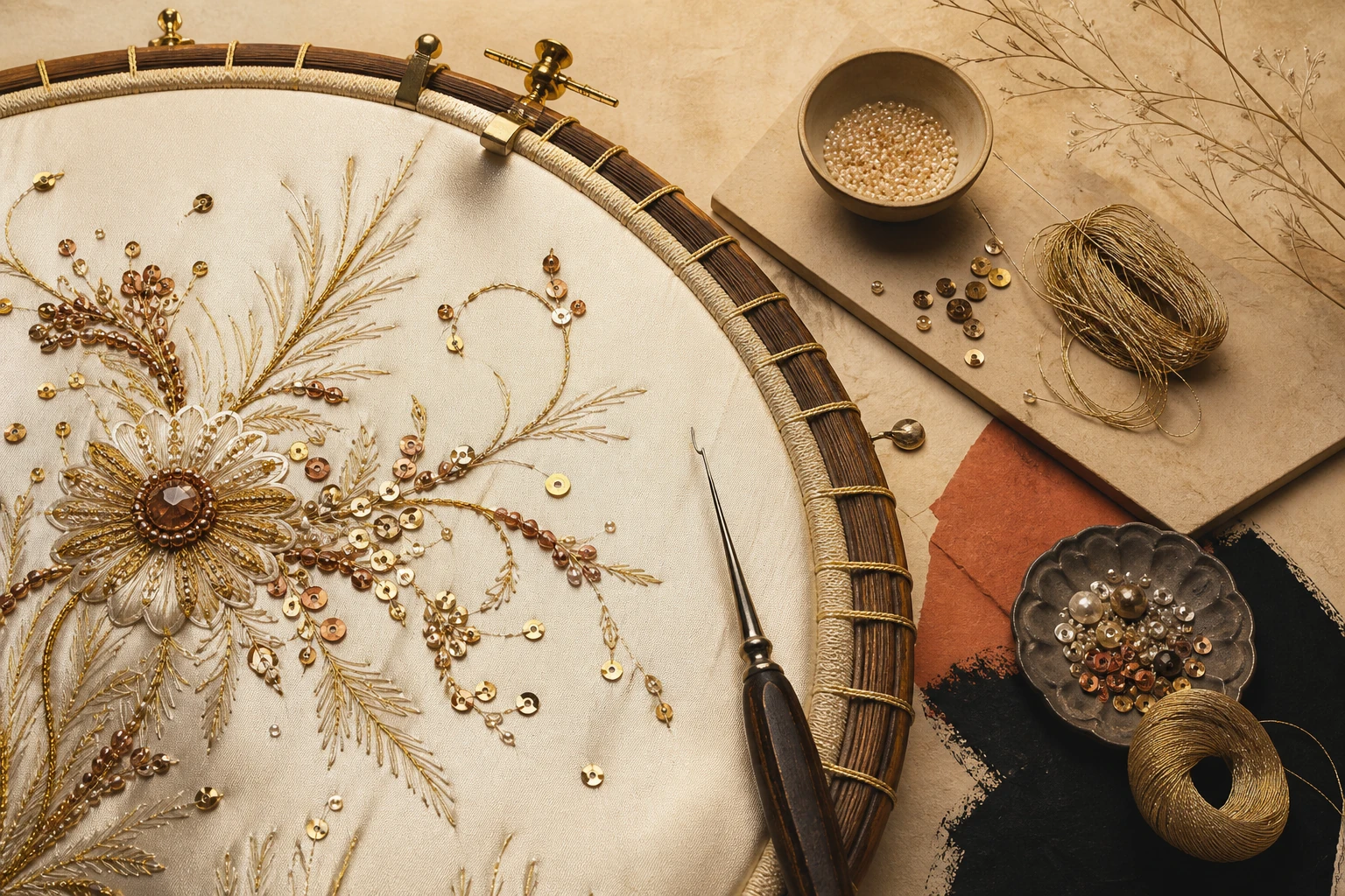 Editorial visualization of couture embroidery with a Luneville hook