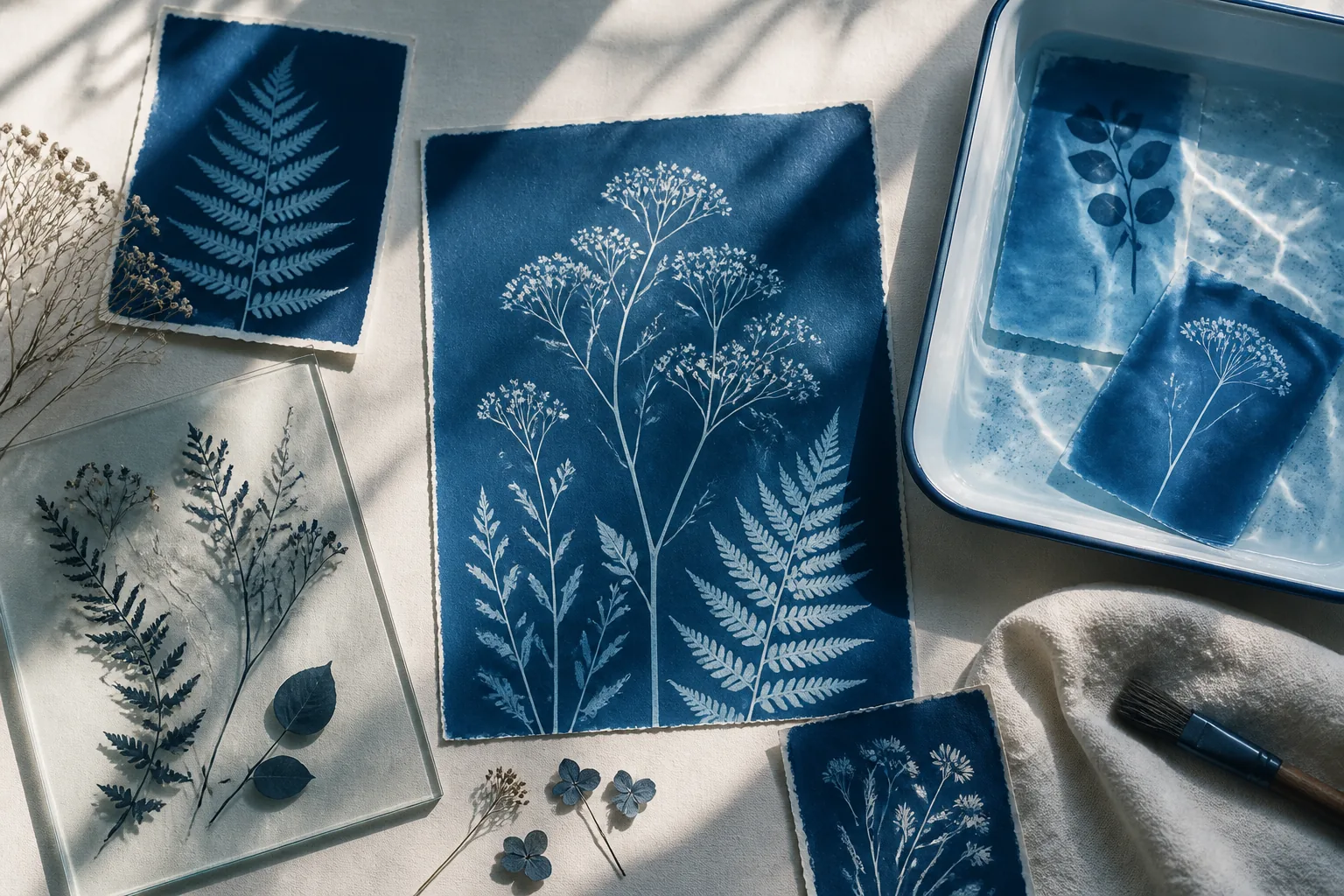 Editorial AI illustration: Technique, color and contemporary use: an editorial visualization of cyanotype.