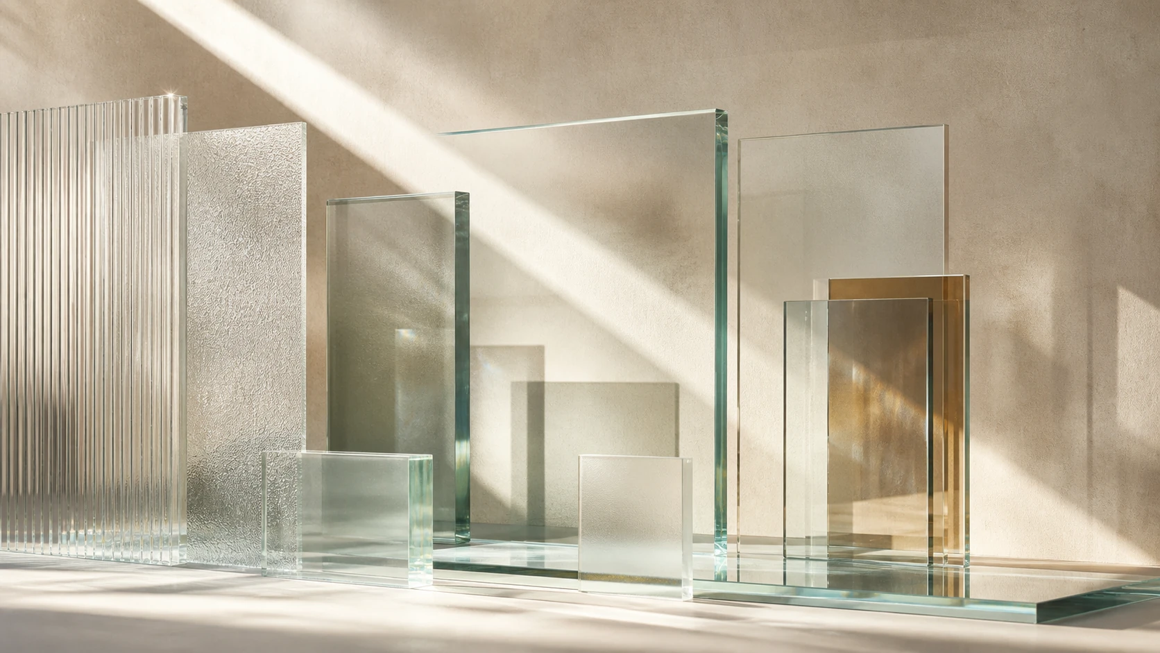 Editorial AI illustration: clear and frosted glass panels, reflections and a beam of light