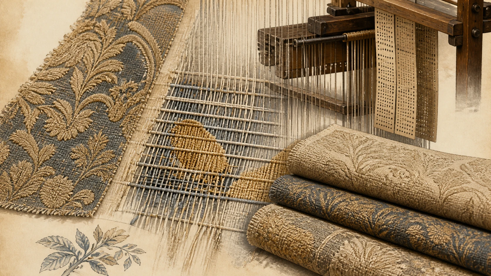 Editorial AI illustration: jacquard weave, raised pattern, threads and loom mechanism