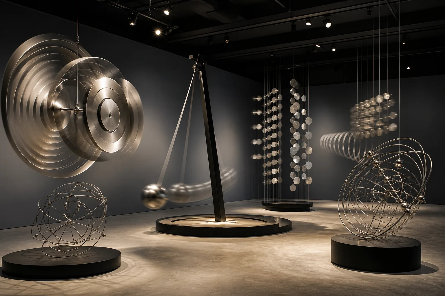 Editorial AI illustration: Movement, mechanism and space: an editorial visualization of Kinetic Art.