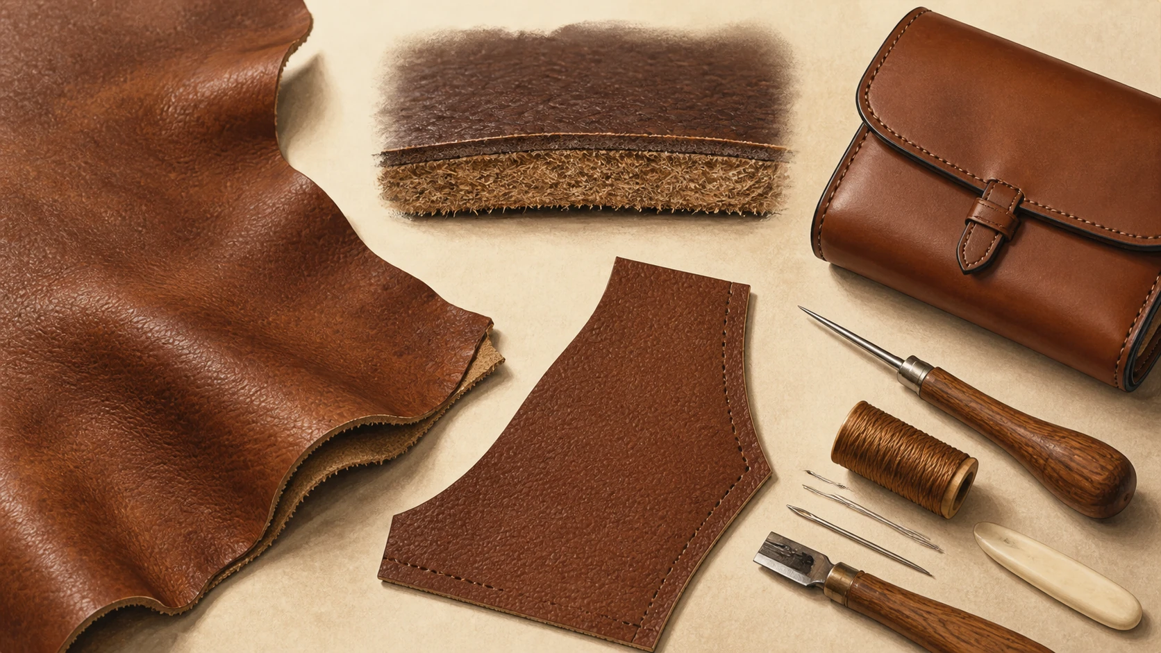 Editorial AI illustration: full-grain leather, cross-section, pattern piece, tools and finished object