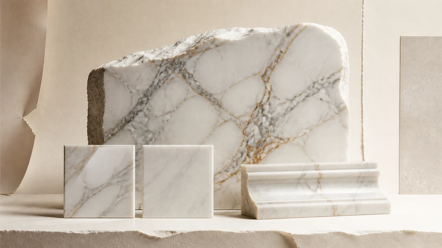 Editorial AI illustration: veined marble slab, finish samples and an architectural profile