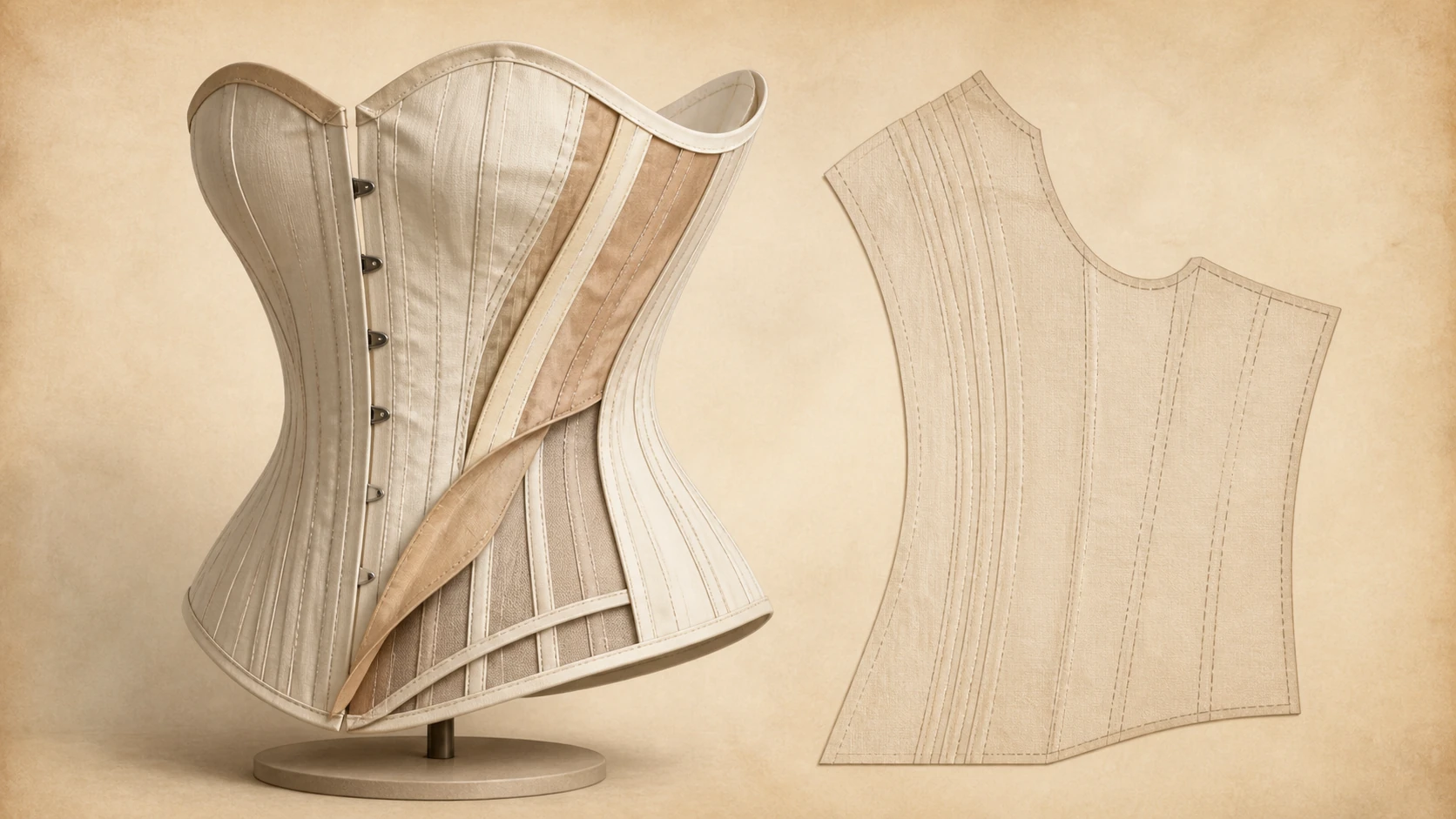 Editorial AI illustration: modern corset, panels, boning channels, seams and pattern piece