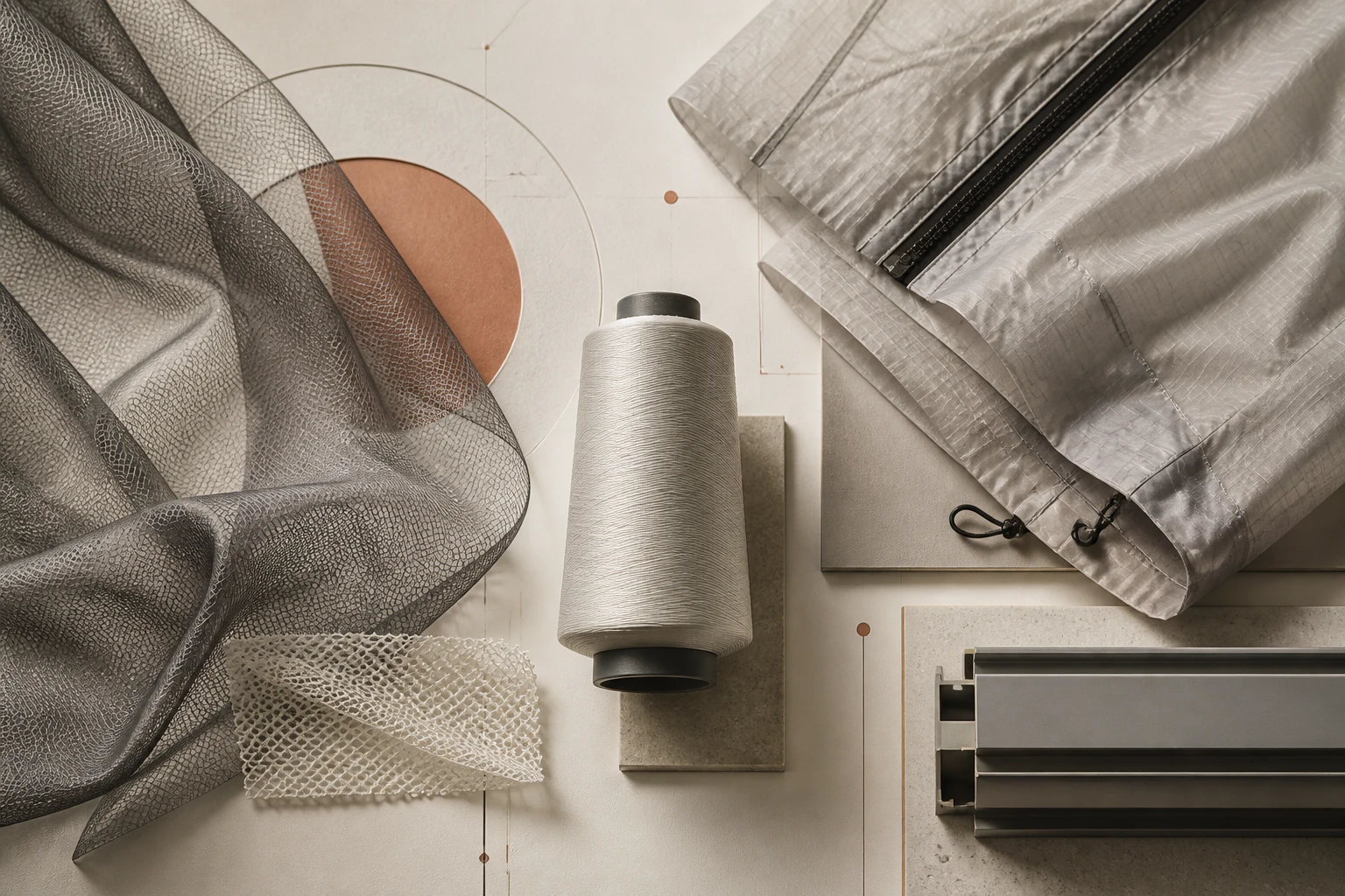 Editorial visualization of nylon: technical mesh, polymer thread and lightweight fabric